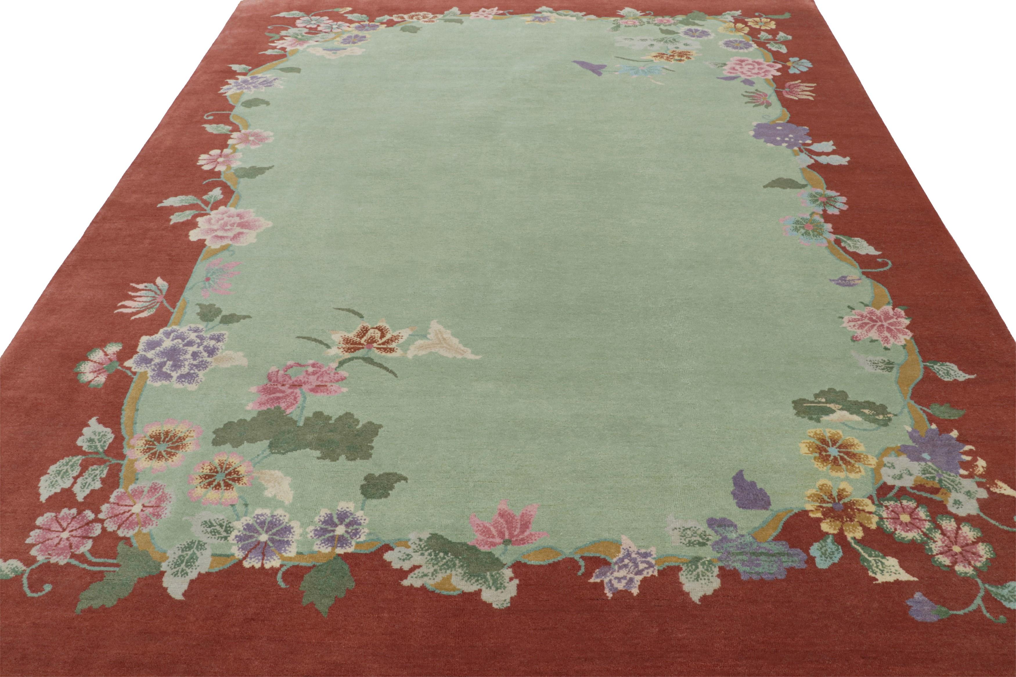 Hand-Knotted Rug & Kilim’s Chinese Art Deco Style Rug in Green and Red with Floral Patterns For Sale