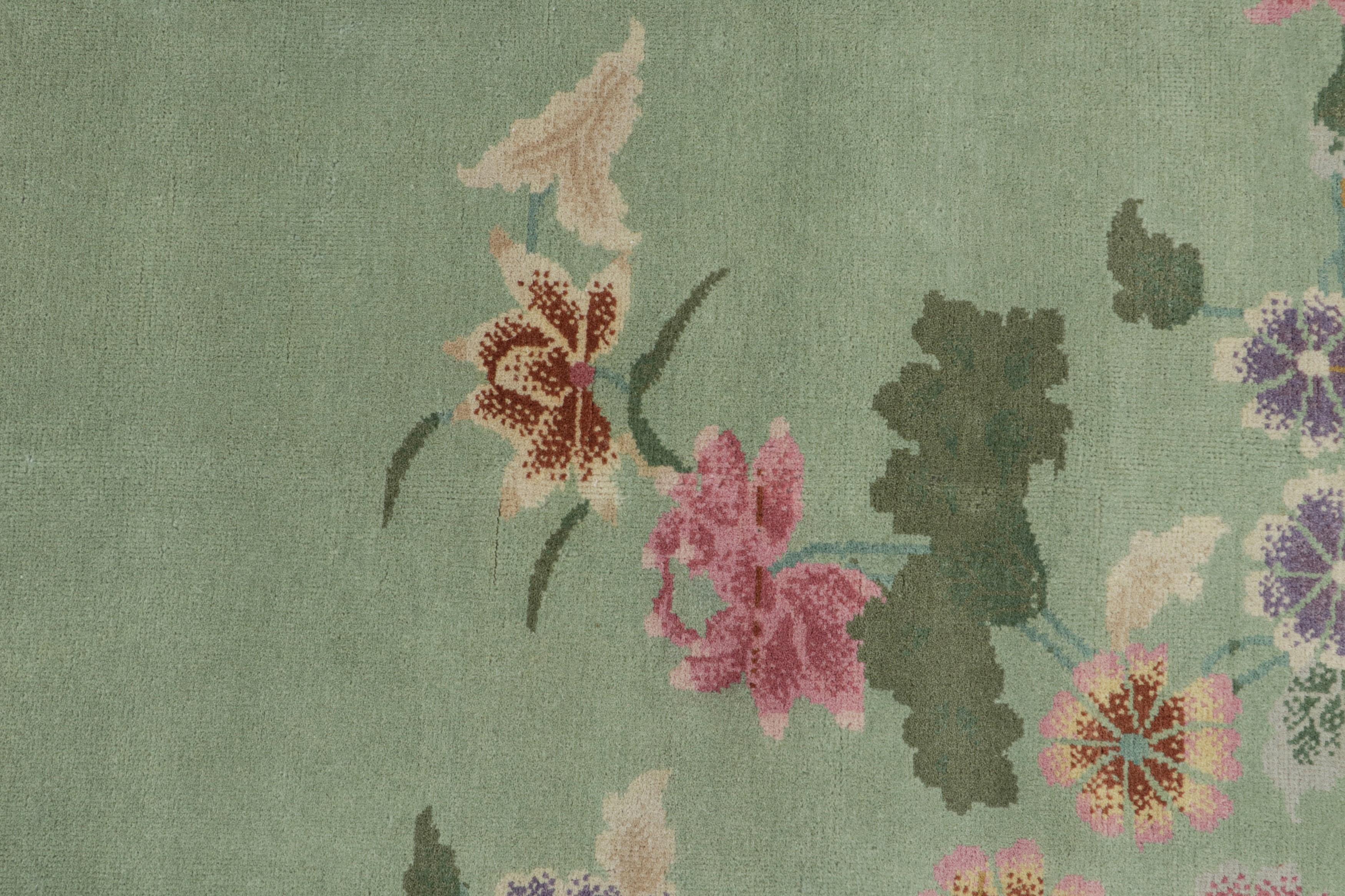 Wool Rug & Kilim’s Chinese Art Deco Style Rug in Green and Red with Floral Patterns For Sale