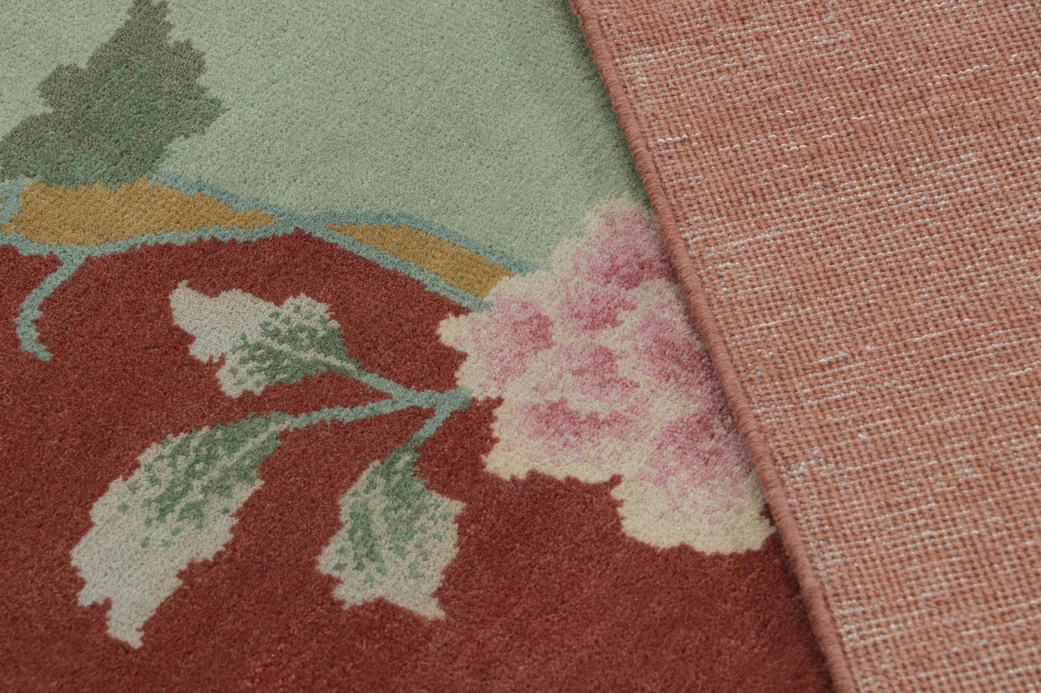 Rug & Kilim’s Chinese Art Deco Style Rug in Green and Red with Floral Patterns For Sale 1