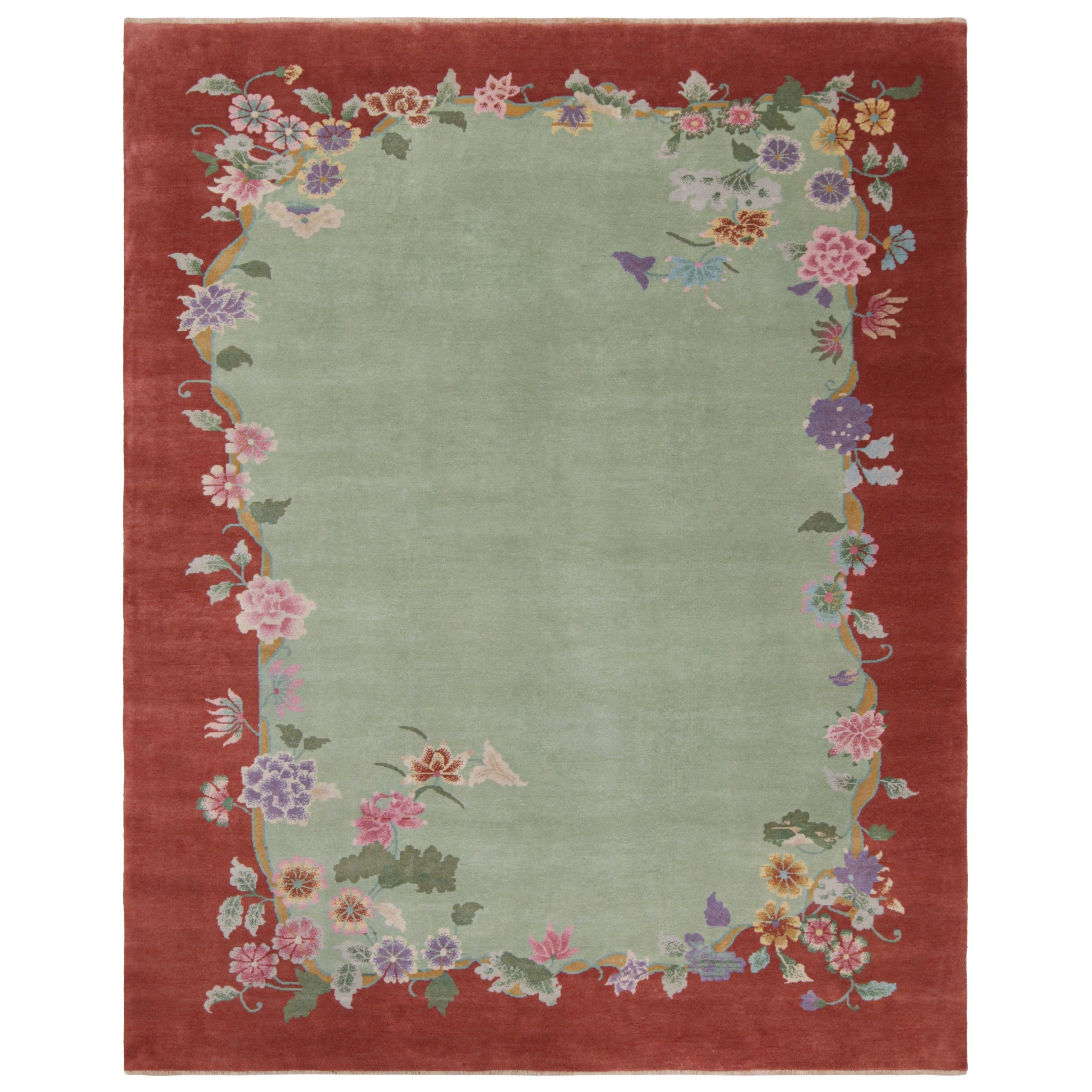 Rug & Kilim’s Chinese Art Deco Style Rug in Green and Red with Floral Patterns For Sale