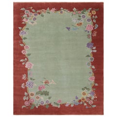 Rug & Kilim's Chinese Art Deco Style Rug in Green and Red with Floral Patterns (tapis chinois de style Art déco en vert et rouge avec motifs floraux)