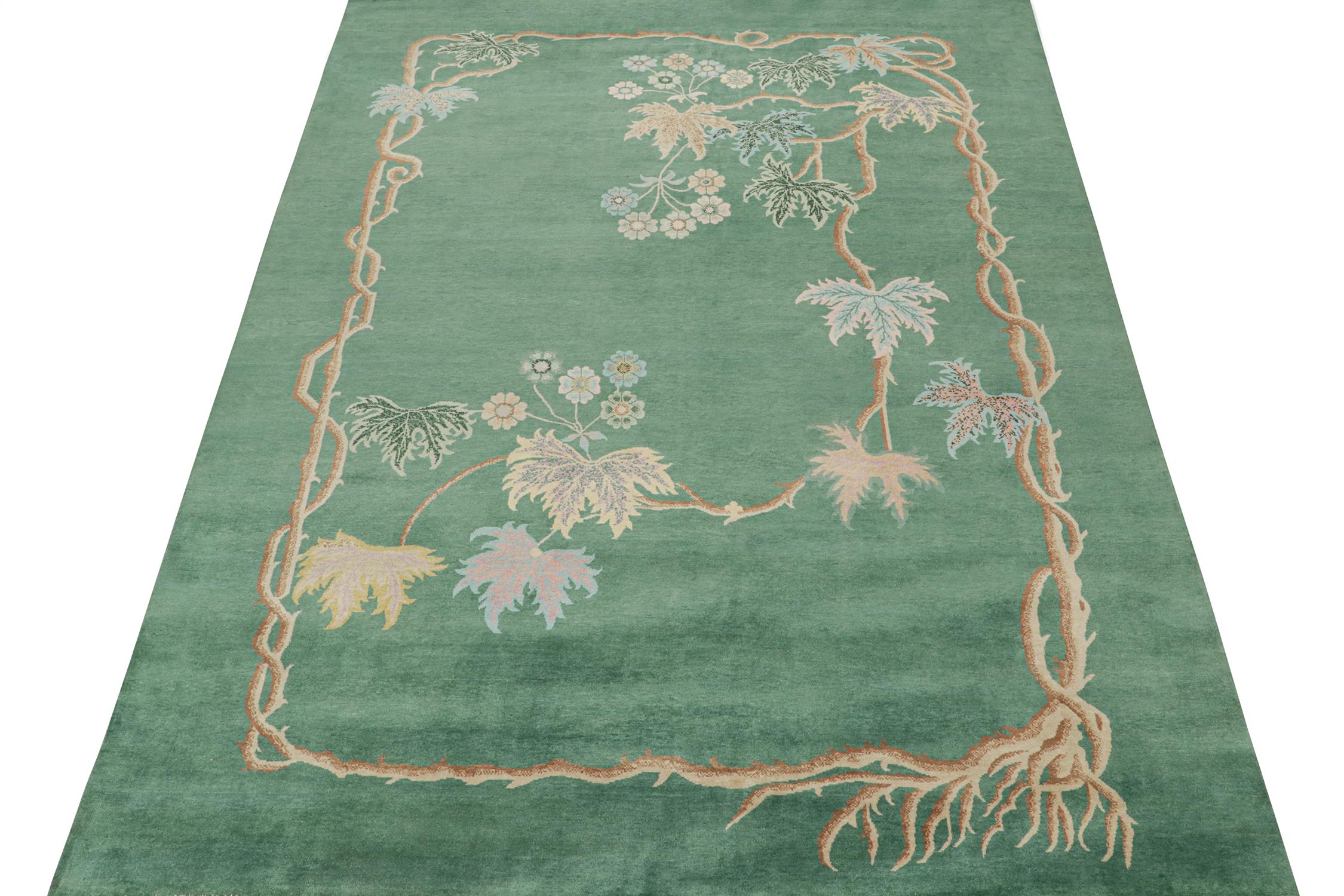 This 9x12 ode to Chinese Art Deco rugs is the next addition to Rug & Kilim's inspired new Deco Collection. 

Further On the Design:

The piece enjoys an emphasis on forest green with teal notes, and a finely detailed floral patterns within.