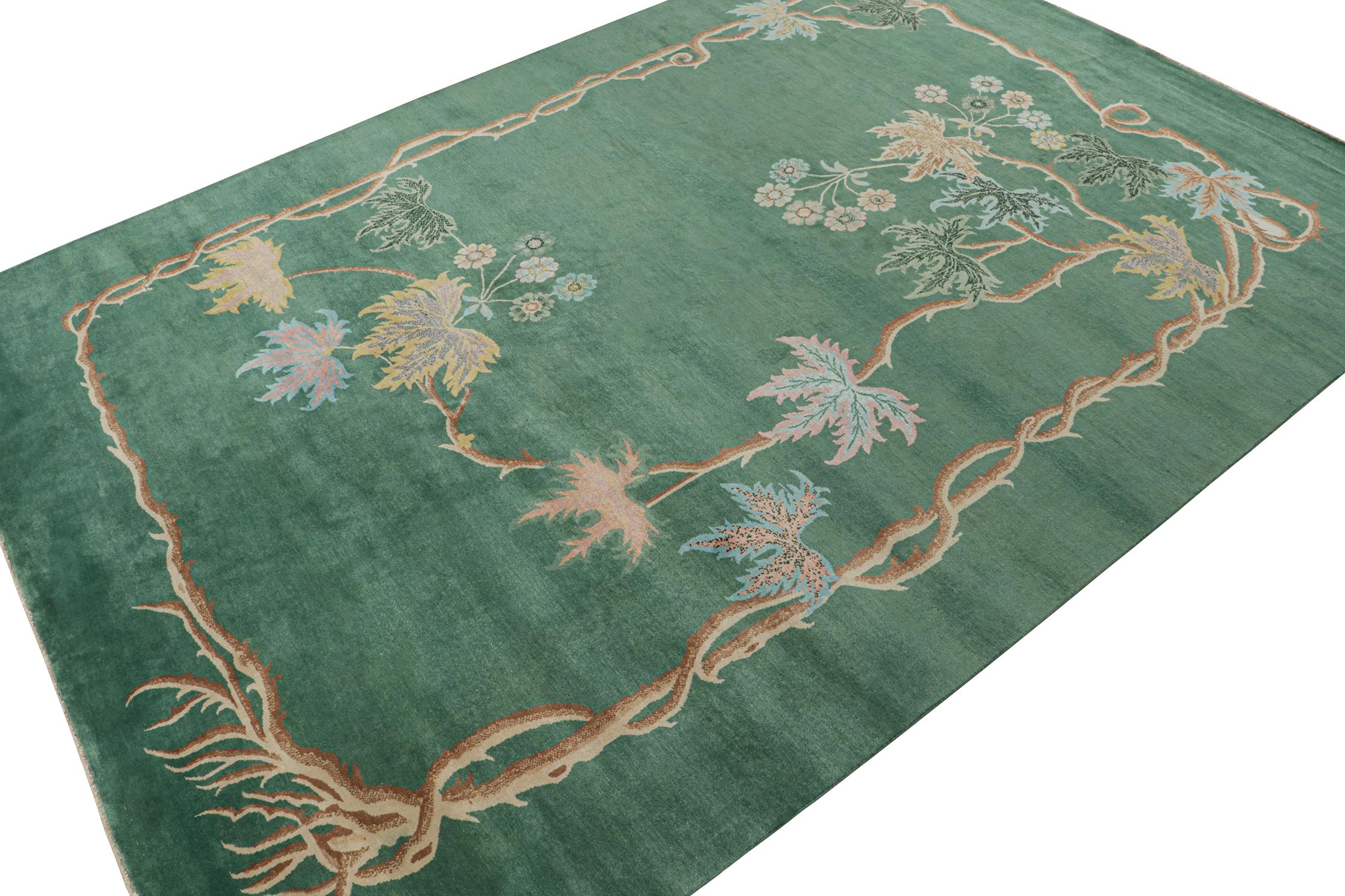 Indian Rug & Kilim's Chinese Art Deco Style Rug in Green with Floral Patterns For Sale