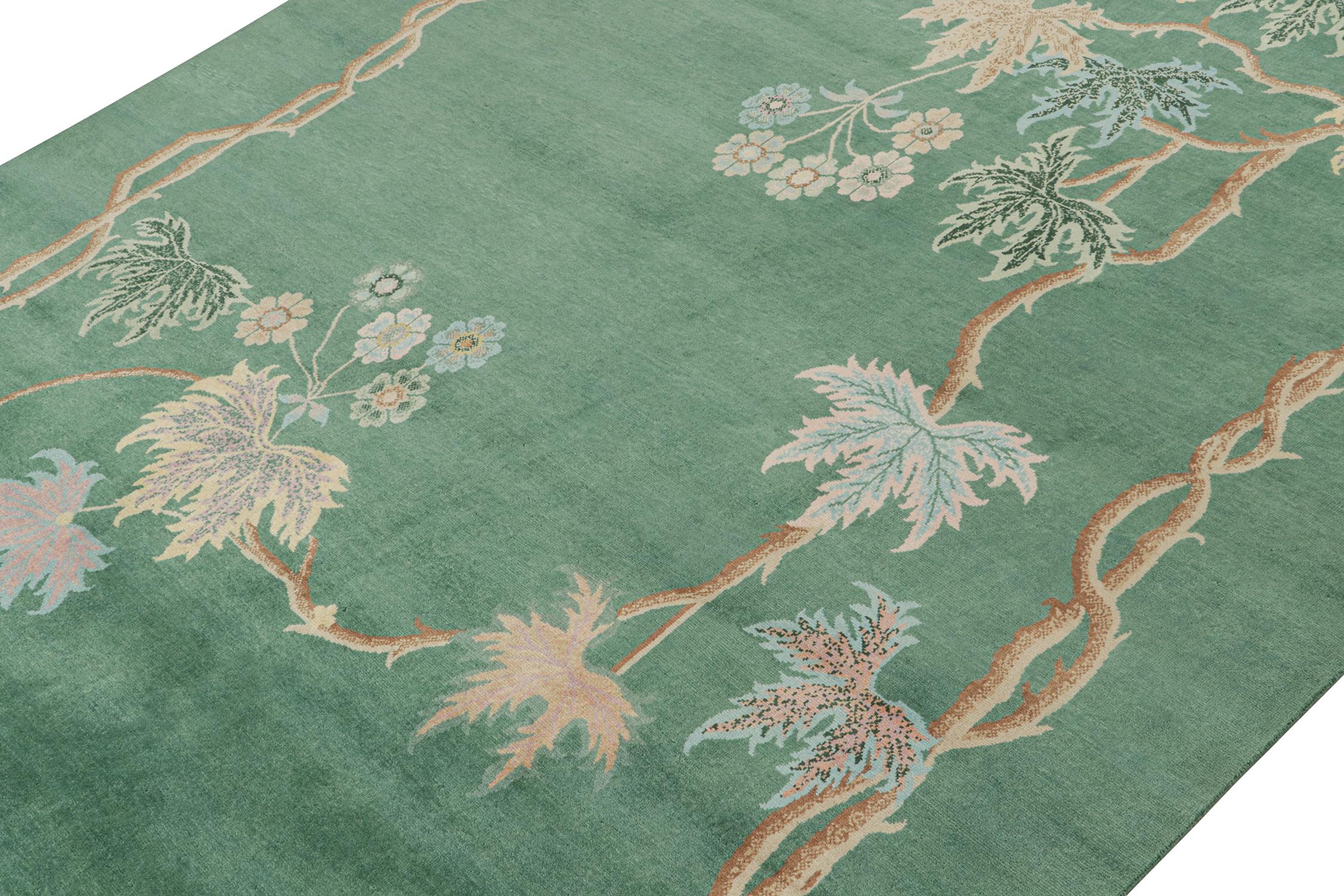 Indian Rug & Kilim's Chinese Art Deco Style Rug in Green with Floral Patterns For Sale