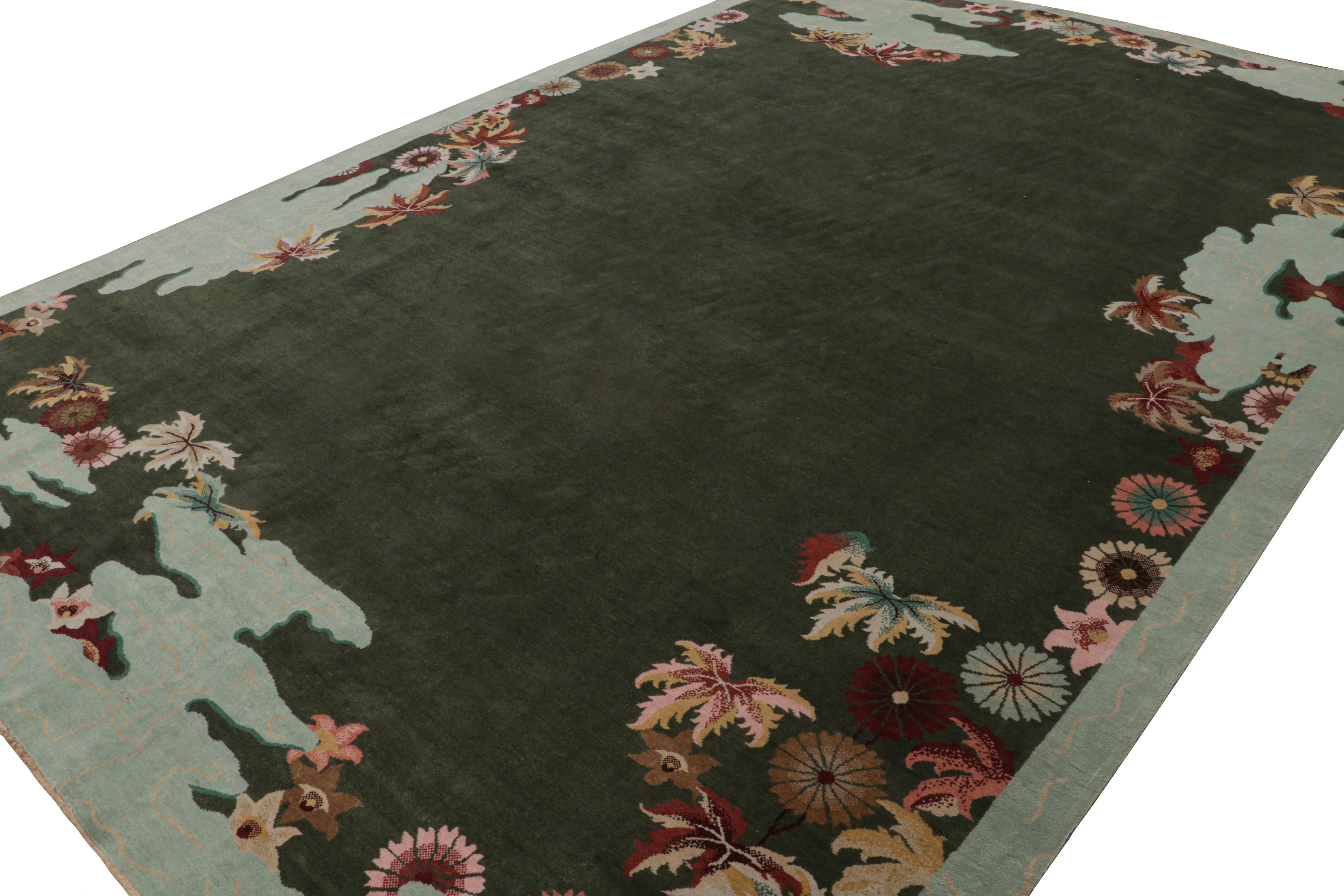 Hand knotted in wool, an 11x16 Chinese art deco style rug inspired by rare period pieces of the 1920s Nichols style. 

On the Design: 

The design boasts an eccentric open field from this period. The field & the surrounding floral patterns enjoy a