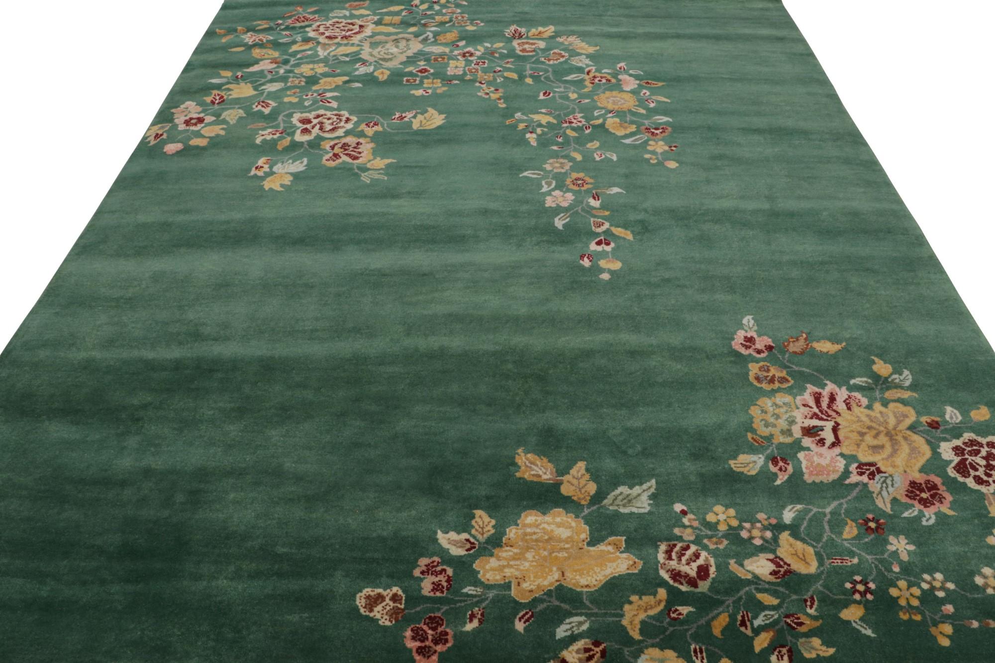 Indian Rug & Kilim’s Chinese Art Deco Style rug in Green with Floral Patterns For Sale