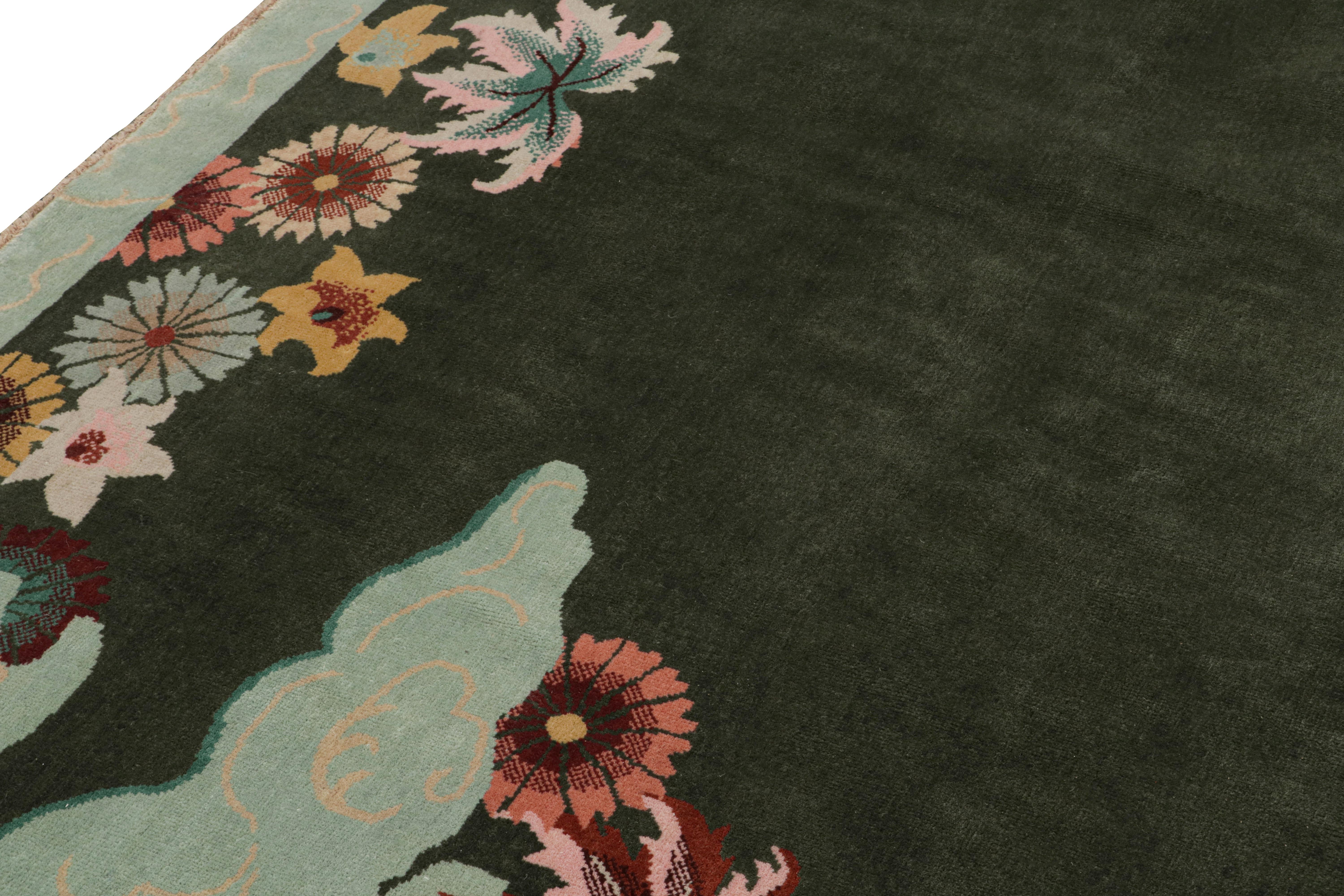 Contemporary Rug & Kilim’s Chinese Art Deco Style Rug in Green with Floral Patterns For Sale