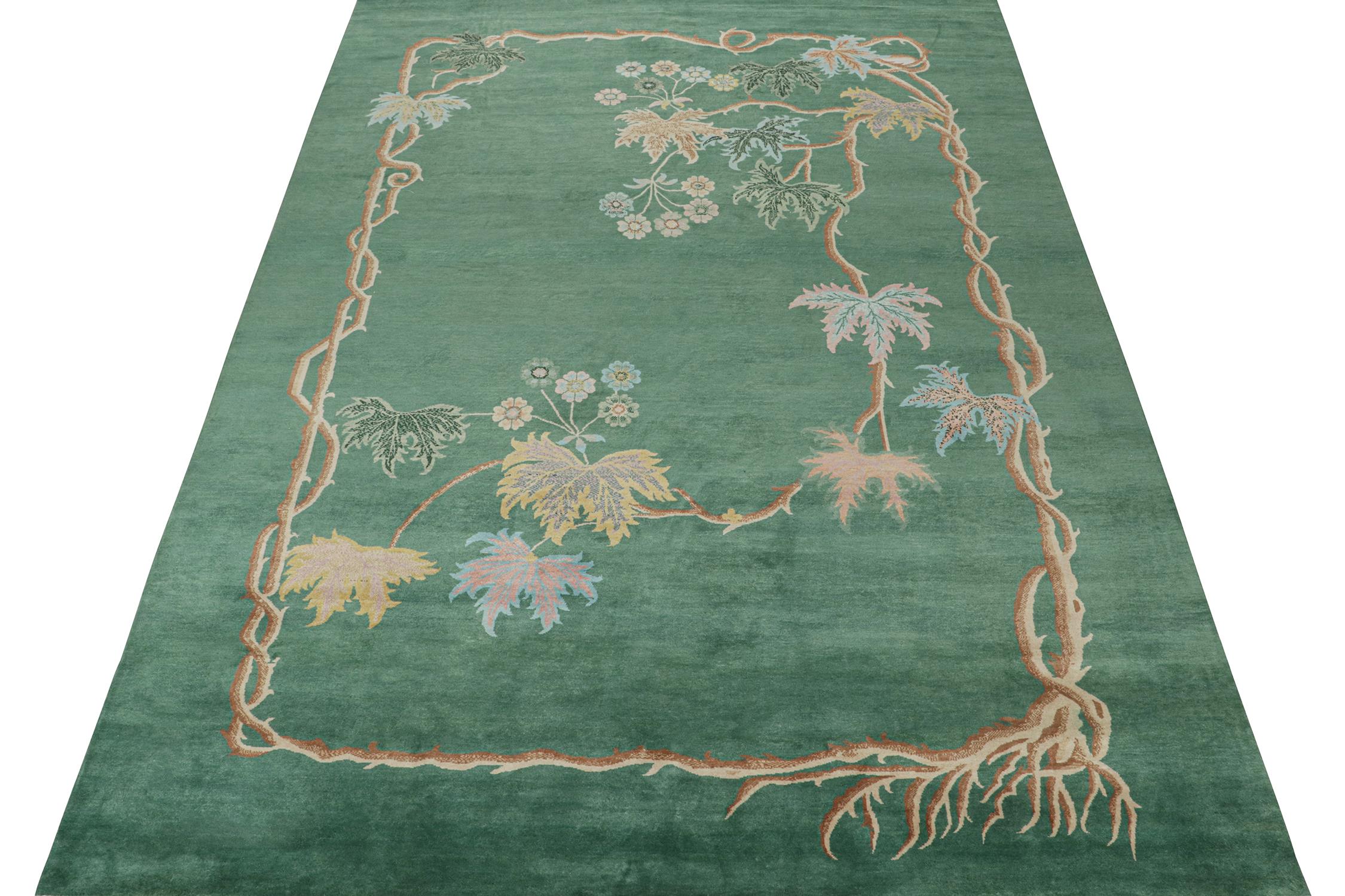 This 10x14 ode to Chinese Art Deco rugs is the next addition to Rug & Kilim's inspired new Deco Collection. 

Further On the Design:

The piece enjoys an emphasis on forest green with teal notes, and a finely detailed floral patterns within.