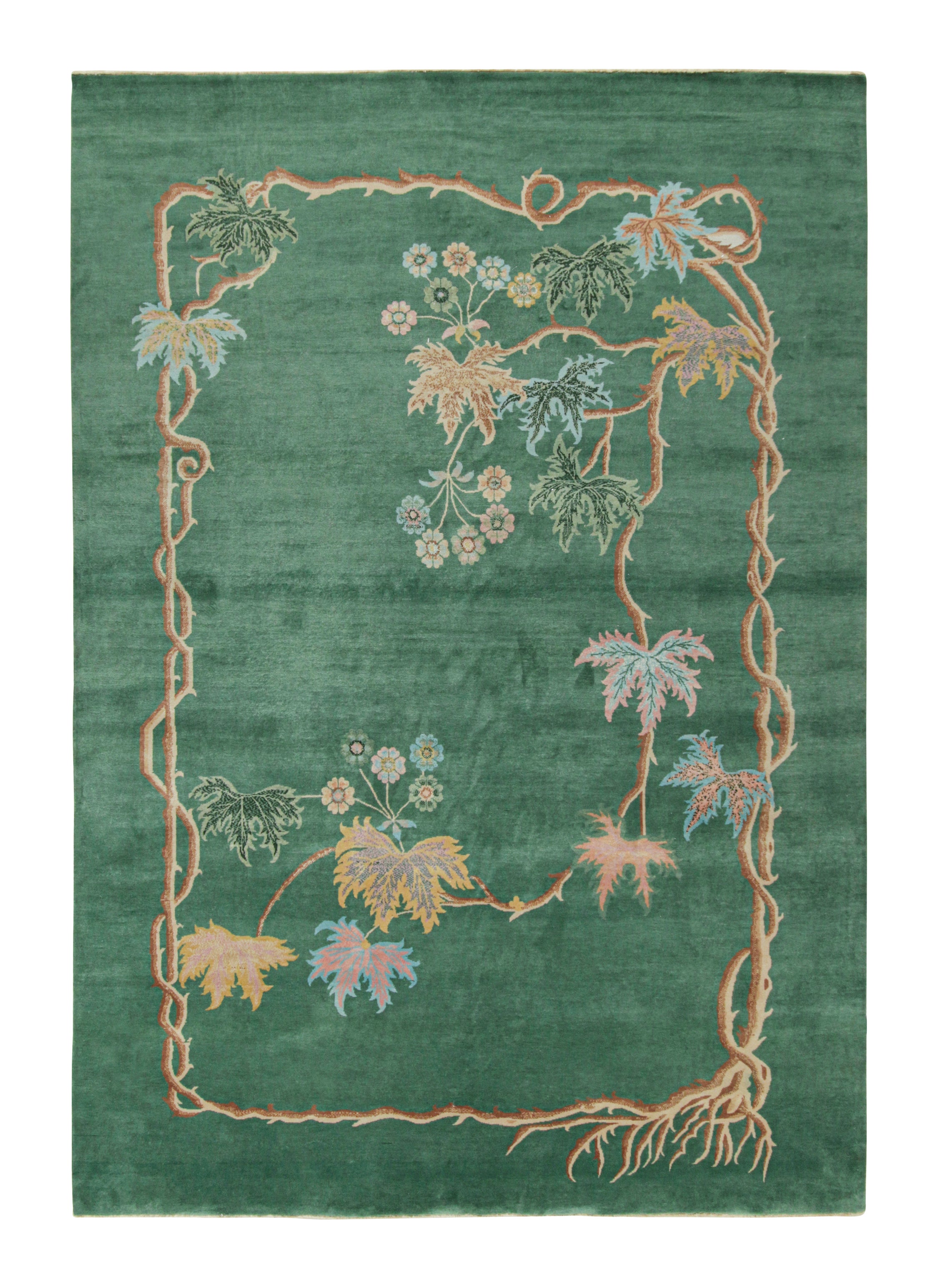 Rug & Kilim's Chinese Art Deco Style Rug in Green with Floral Patterns For Sale