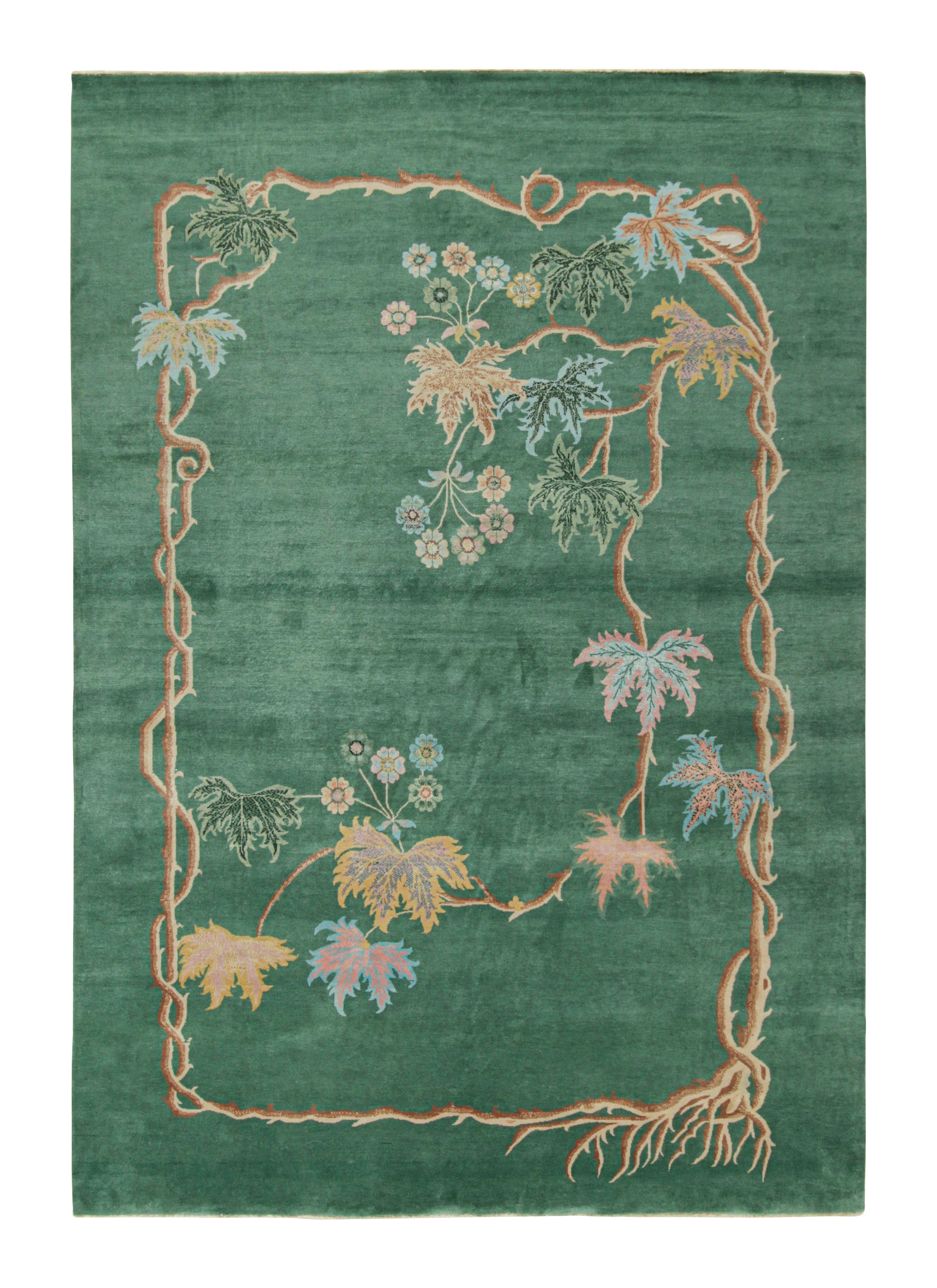 Rug & Kilim's Chinese Art Deco Style Rug in Green with Floral Patterns