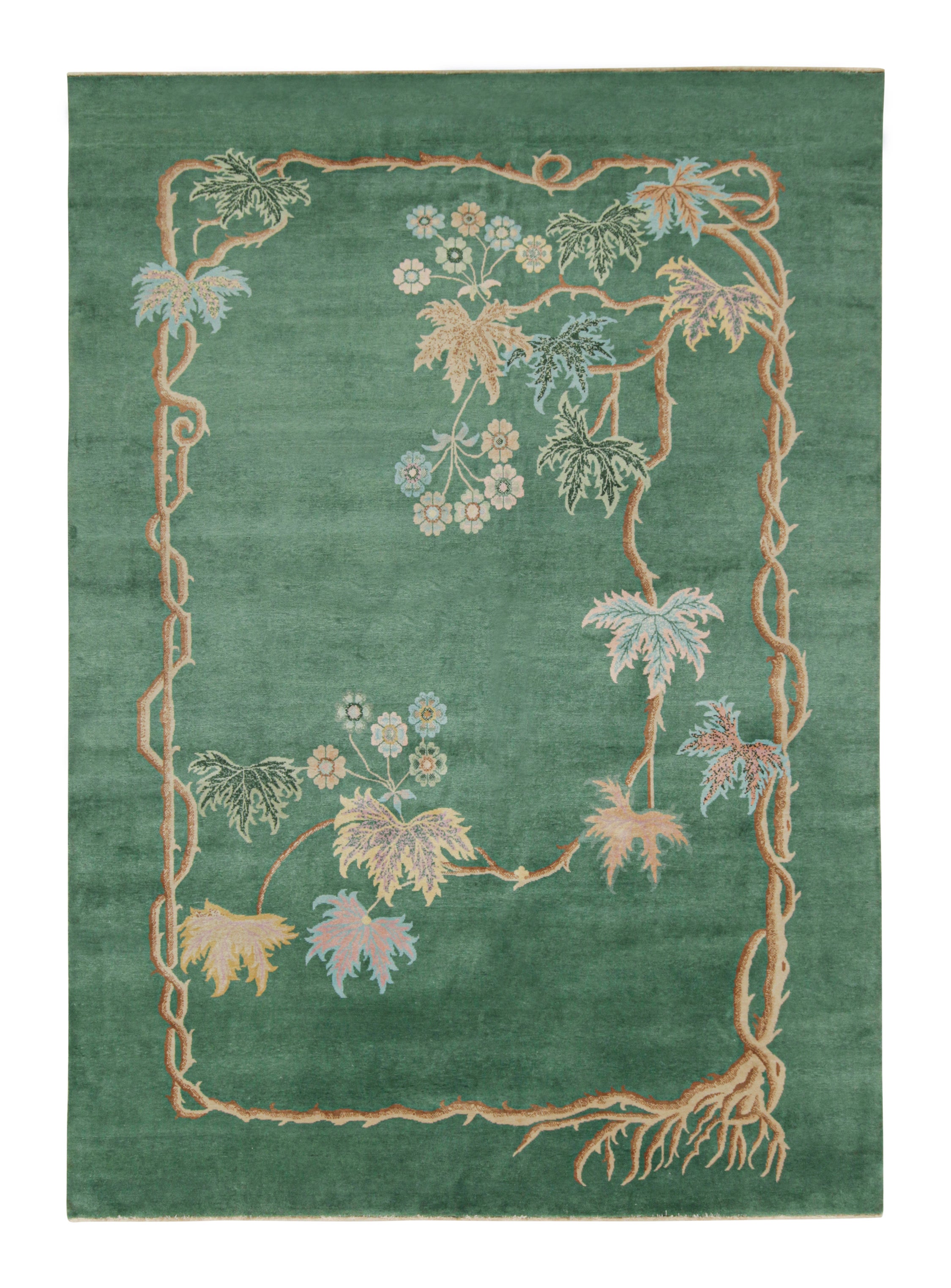 Rug & Kilim - Tappeto cinese in stile Art Deco in verde con motivi floreali