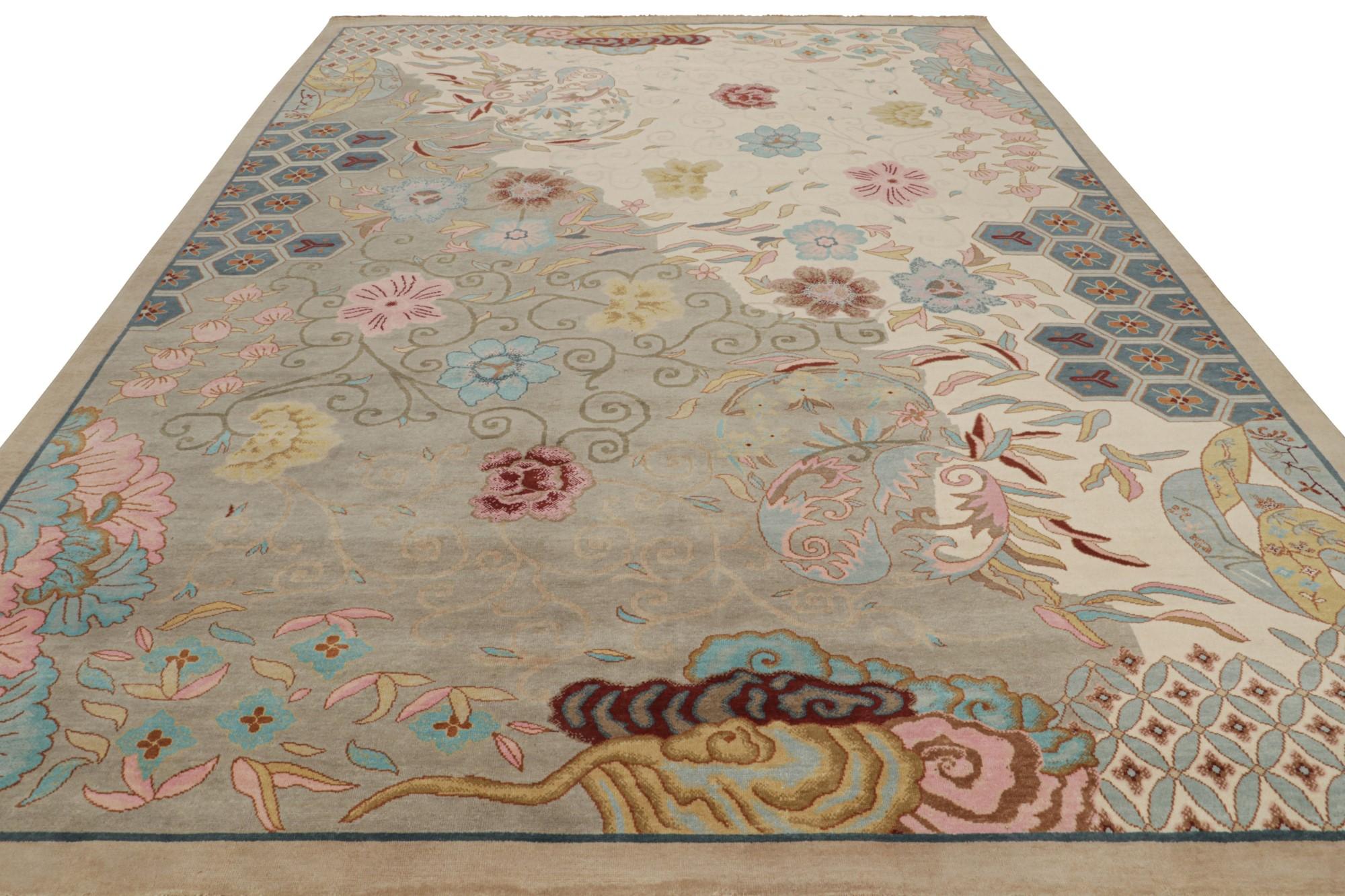 Indian Rug & Kilim’s Chinese Art Deco Style Rug in Grey with Floral Patterns For Sale