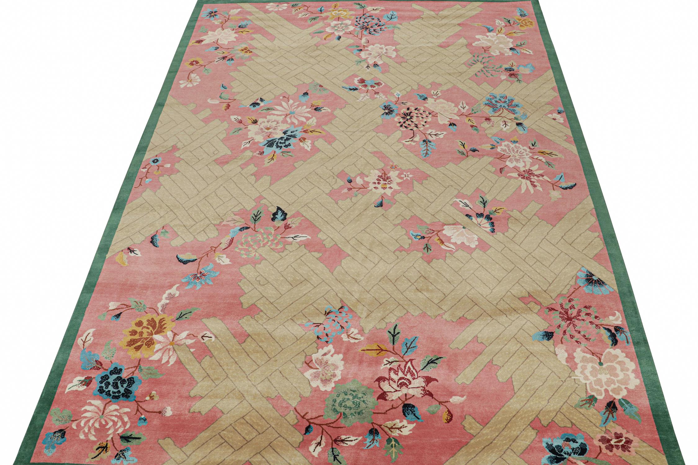 This 10x14 ode to Chinese Art Deco rugs is the next addition to Rug & Kilim's inspired new Deco Collection. 

Further On the Design:

The piece enjoys an emphasis on pink and beige in a play of finely detailed florals and geometric patterns.
