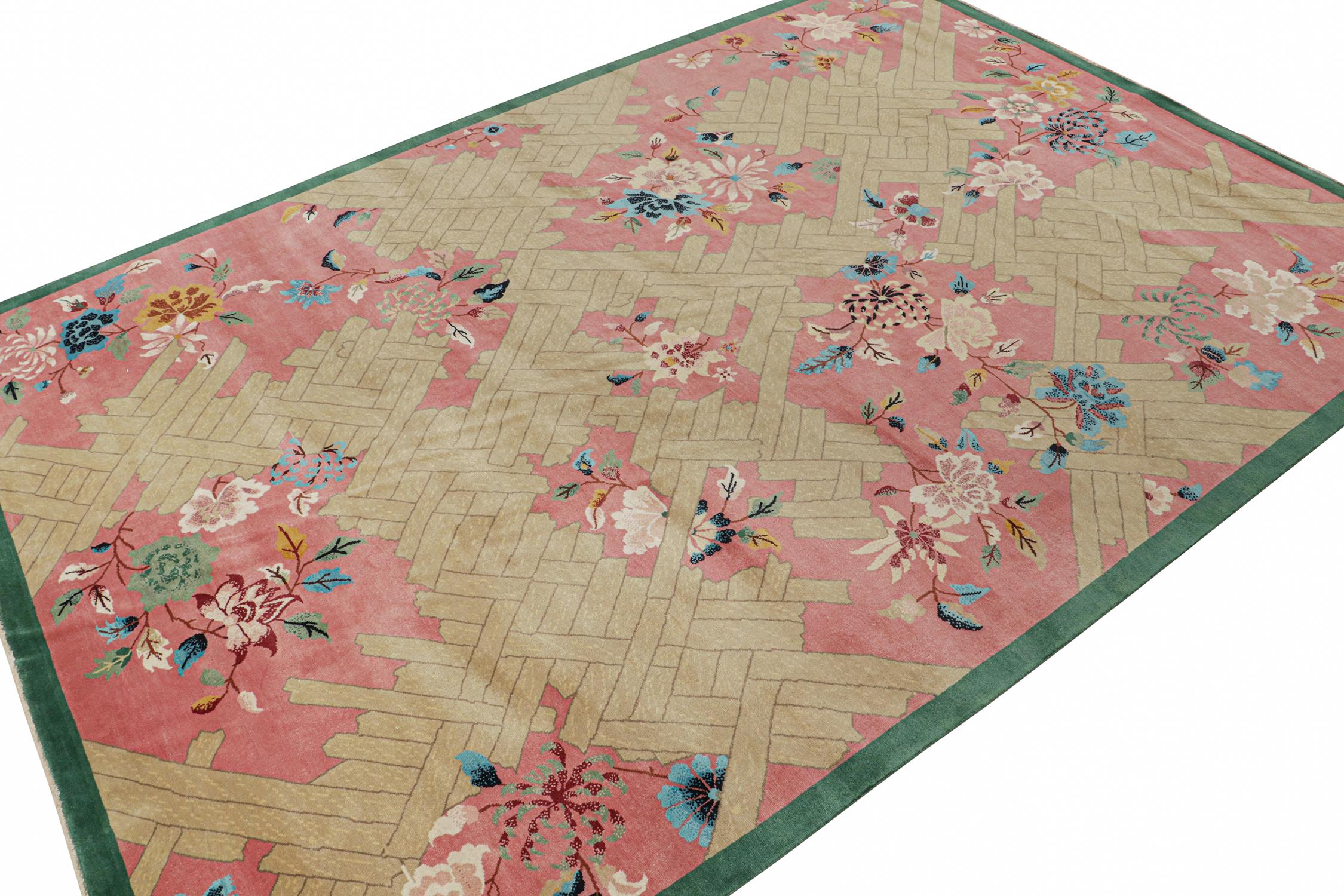 Indian Rug & Kilim's Chinese Art Deco Style Rug in Pink and Beige with Floral Pattern For Sale