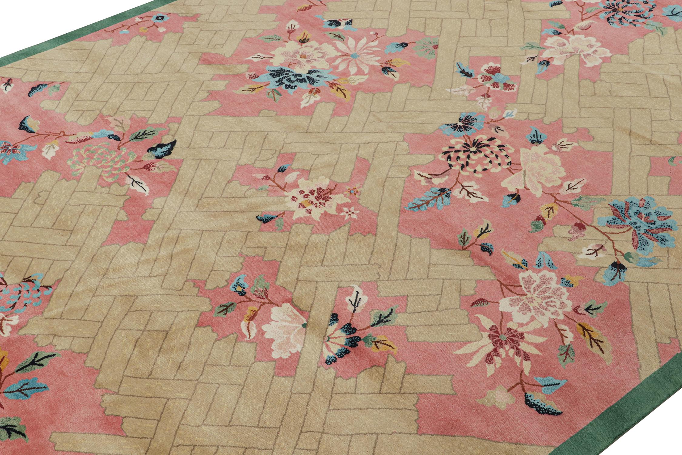 Hand-Knotted Rug & Kilim's Chinese Art Deco Style Rug in Pink and Beige with Floral Pattern For Sale