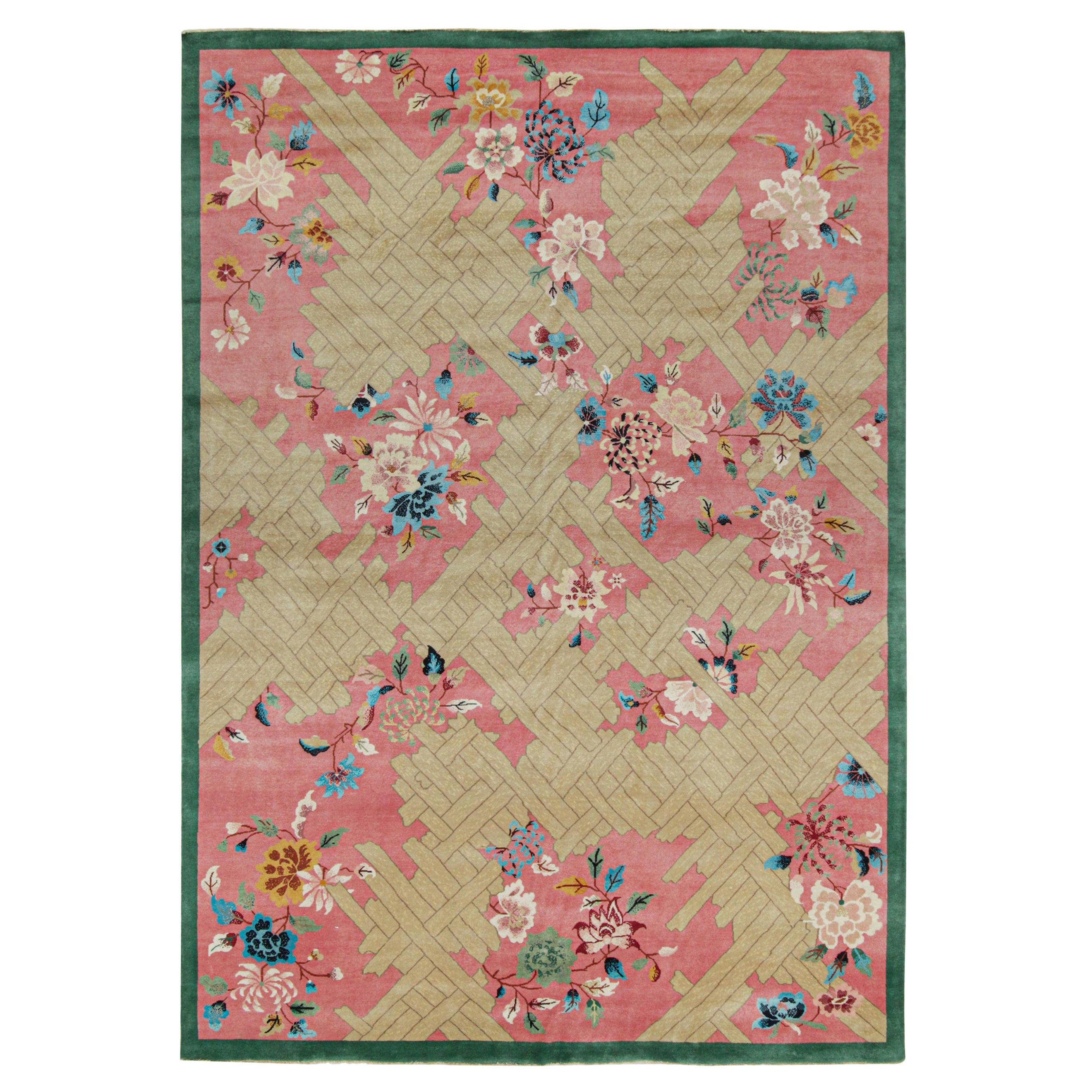 Rug & Kilim - Tappeto cinese in stile Art Deco in rosa e beige con motivi floreali