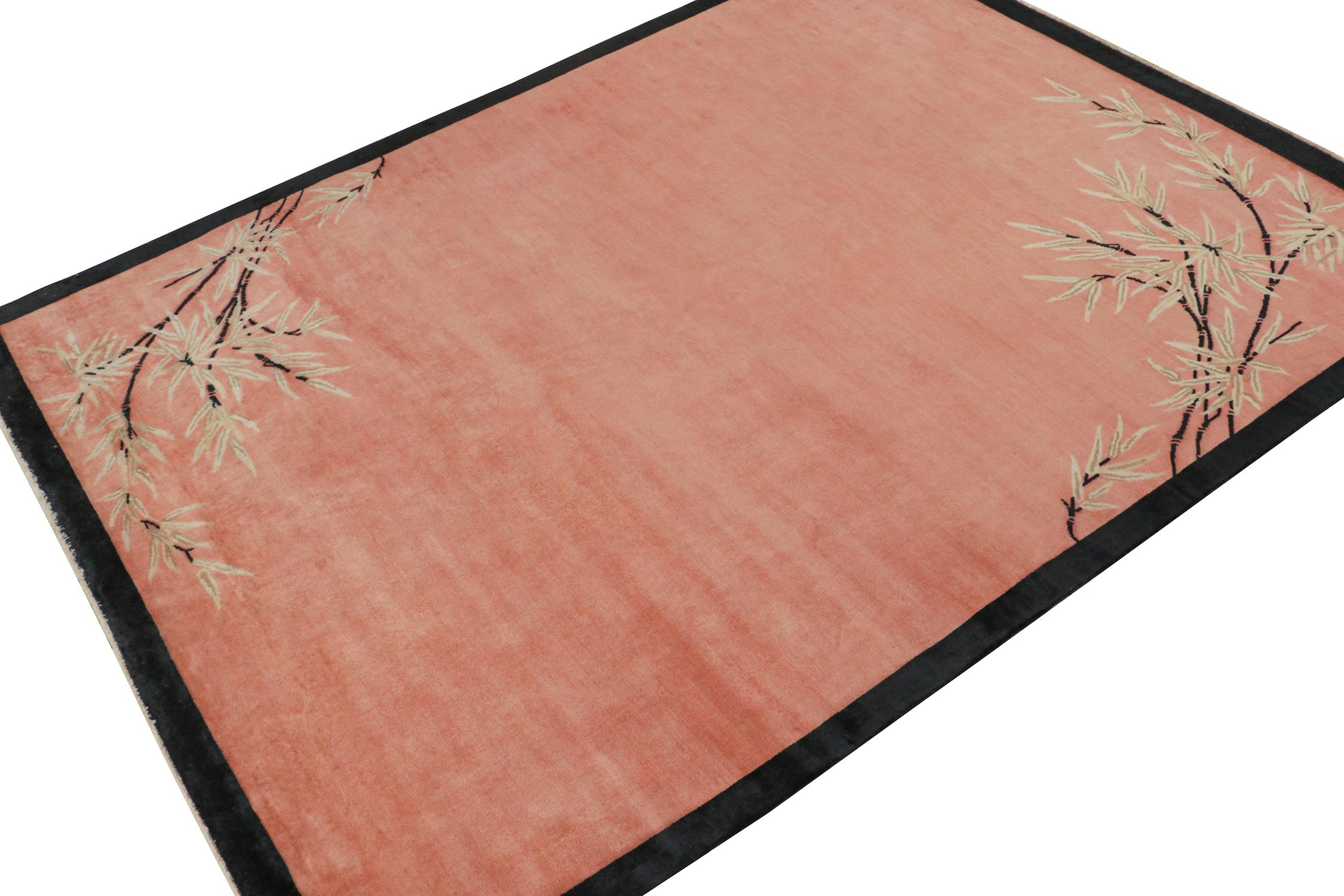 Indian Rug & Kilim's Chinese Art Deco Style Rug in Pink with Floral Patterns For Sale