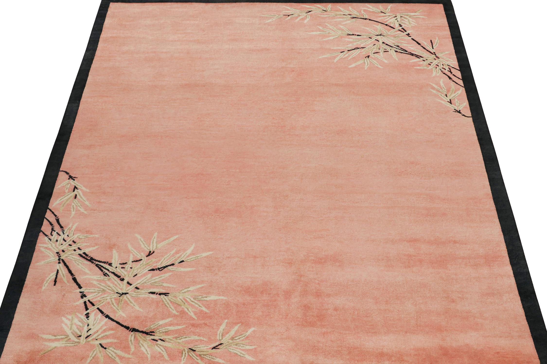 Indian Rug & Kilim's Chinese Art Deco Style Rug in Pink with Floral Patterns  For Sale