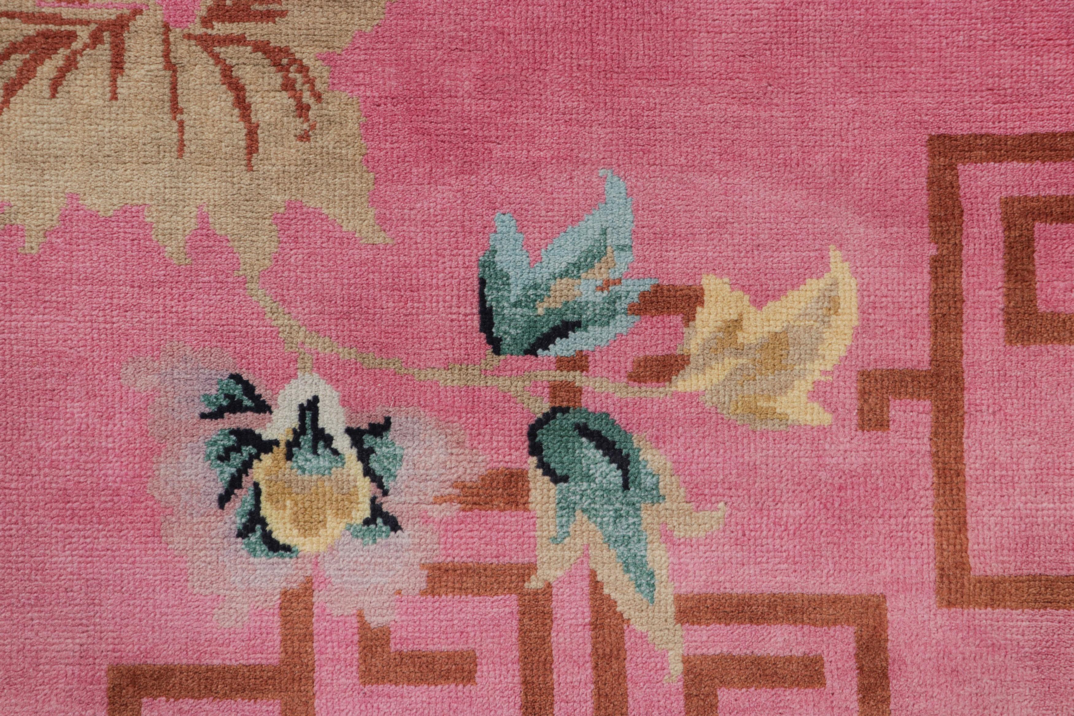 Indian Rug & Kilim’s Chinese Art Deco Style Rug in Pink with Floral Patterns For Sale