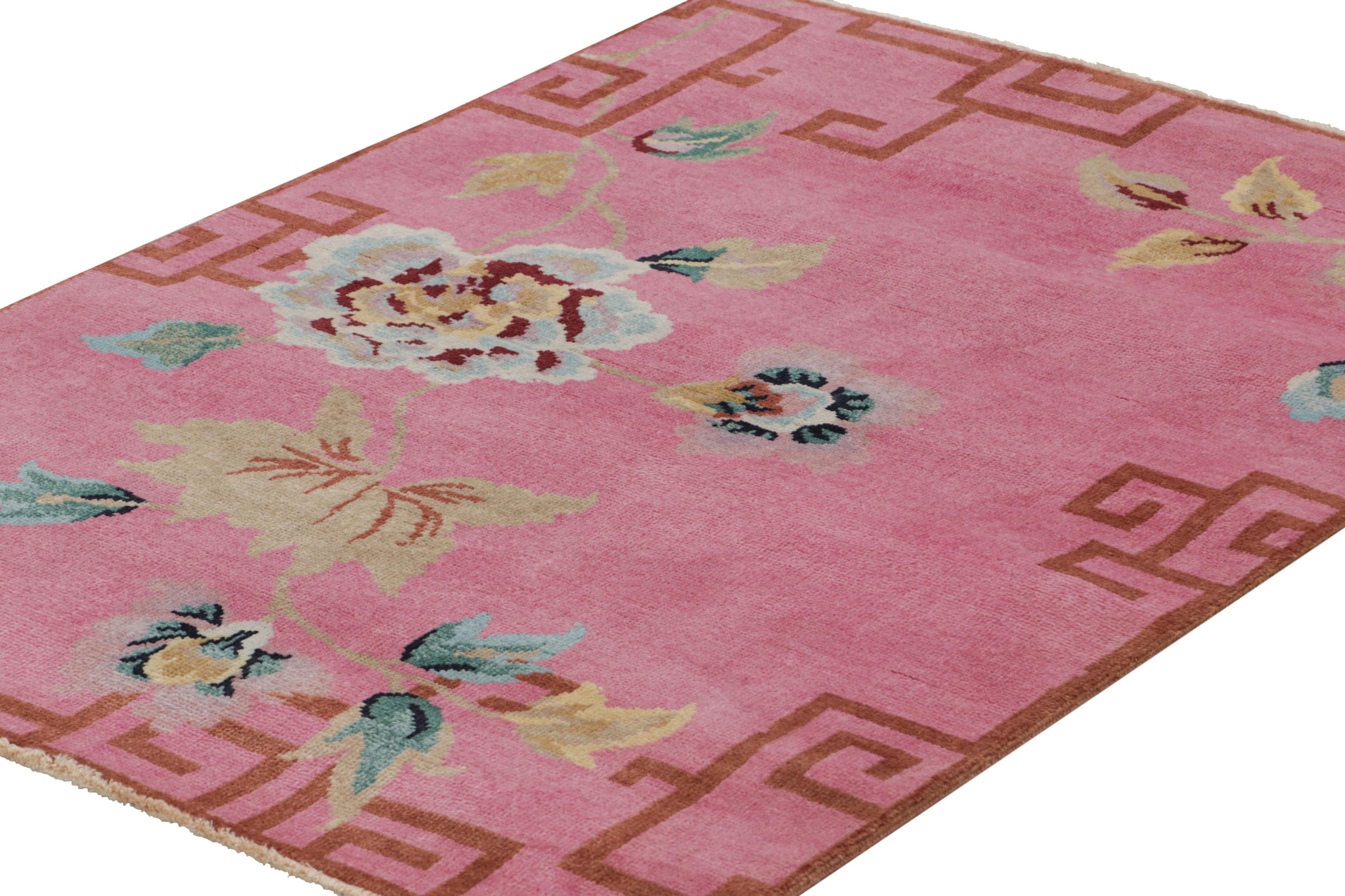 Hand-Knotted Rug & Kilim’s Chinese Art Deco Style Rug in Pink with Floral Patterns For Sale