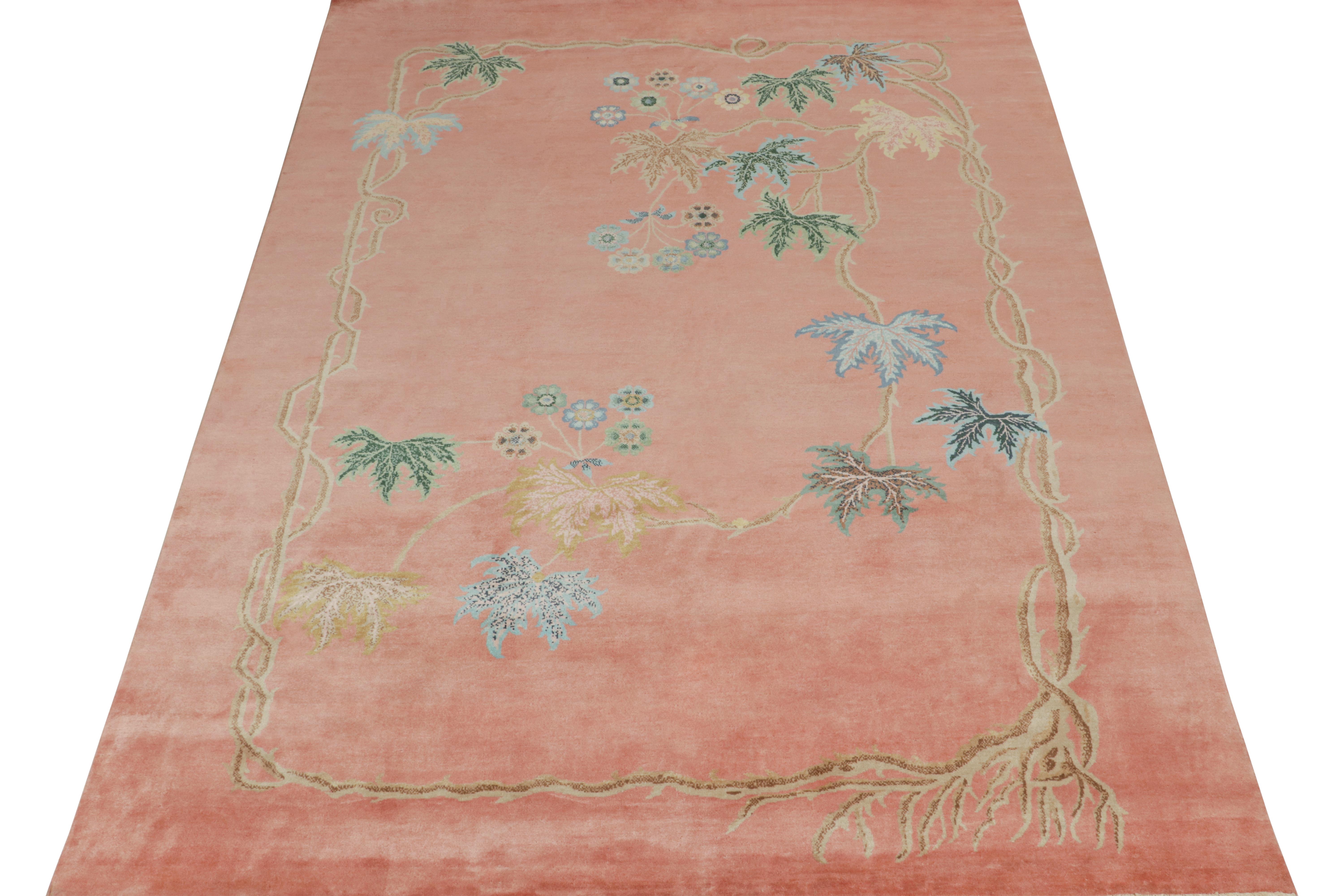 Indian Rug & Kilim's Chinese Art Deco Style Rug in Pink with Floral Patterns For Sale