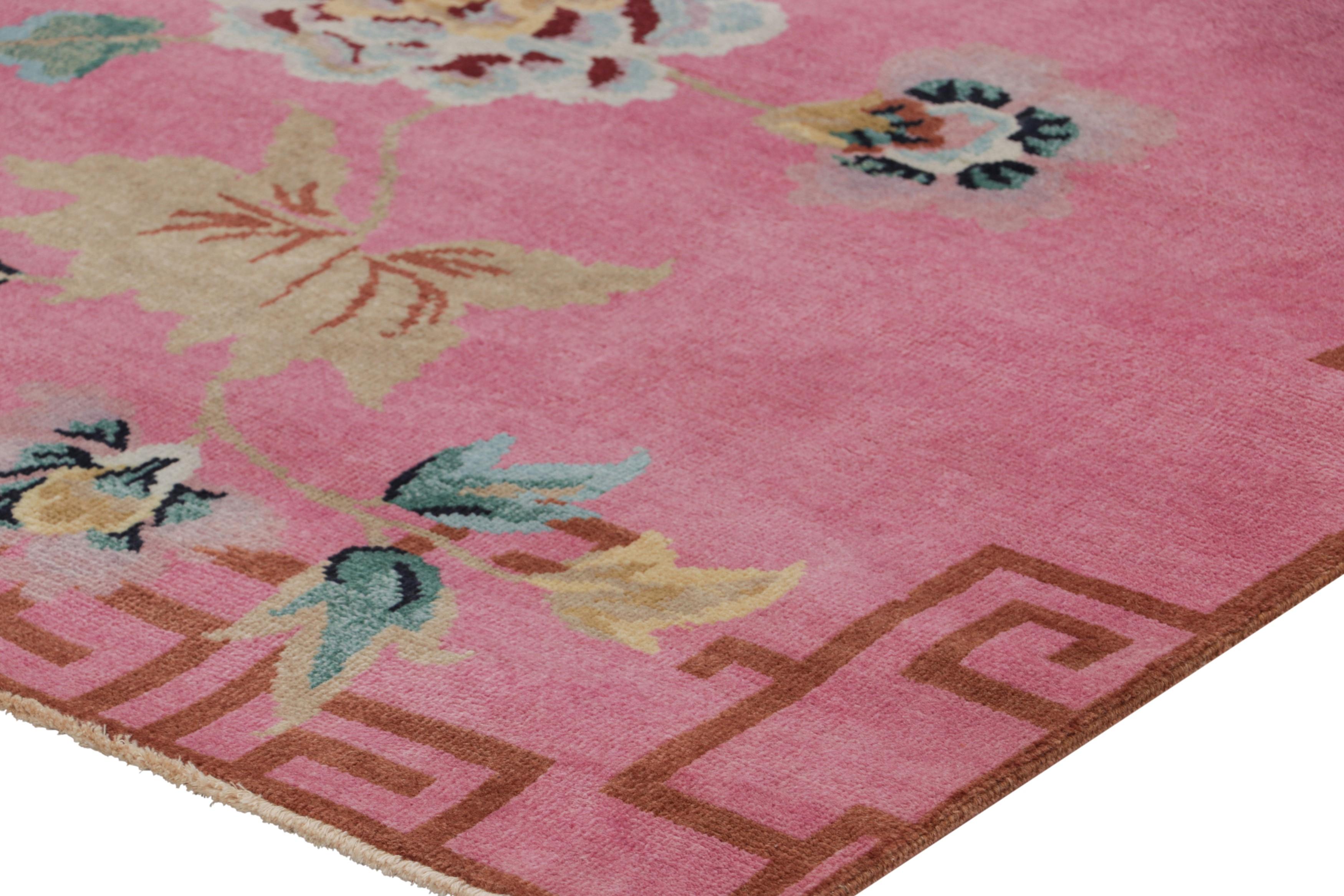 Contemporary Rug & Kilim’s Chinese Art Deco Style Rug in Pink with Floral Patterns For Sale
