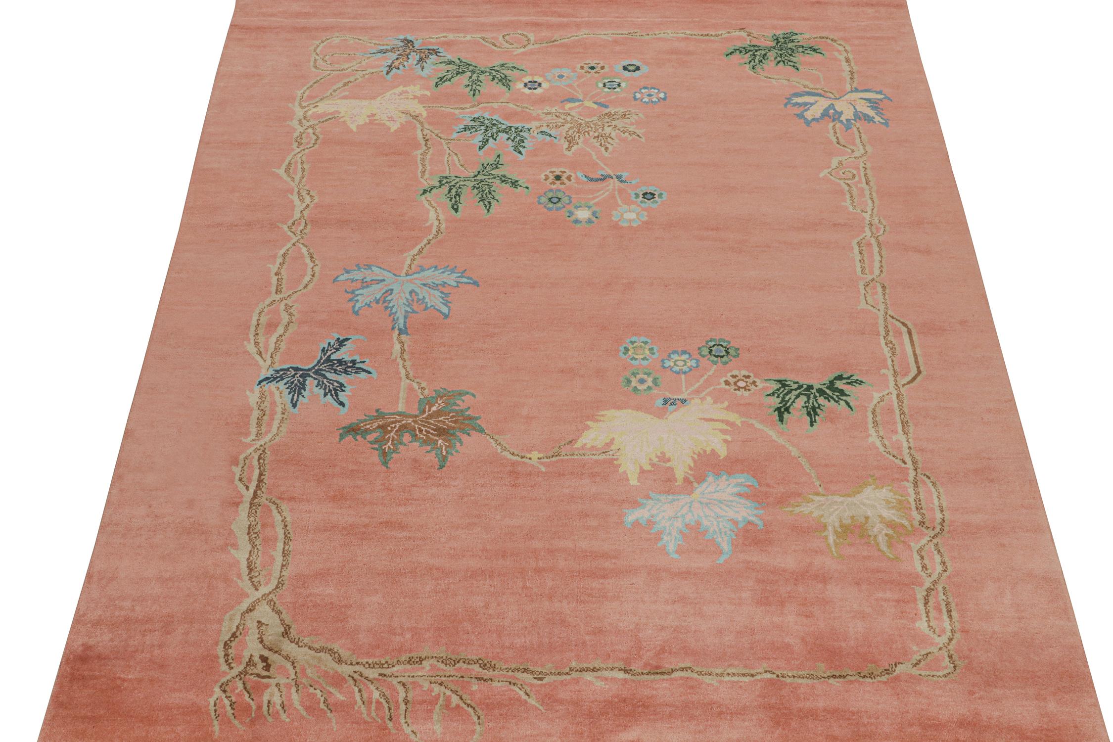 Indian Rug & Kilim's Chinese Art Deco Style Rug in Pink with Floral Patterns For Sale