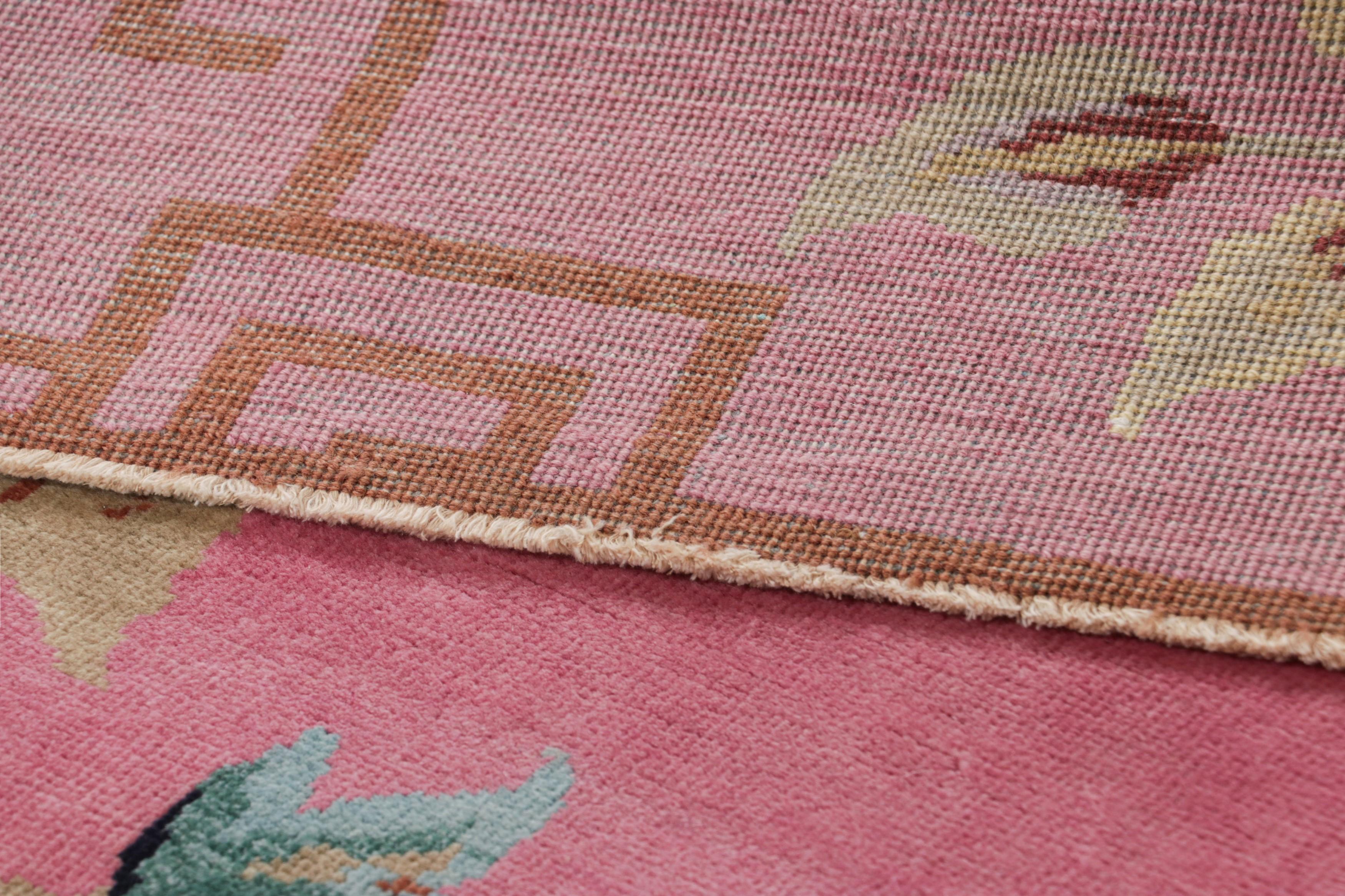 Wool Rug & Kilim’s Chinese Art Deco Style Rug in Pink with Floral Patterns For Sale