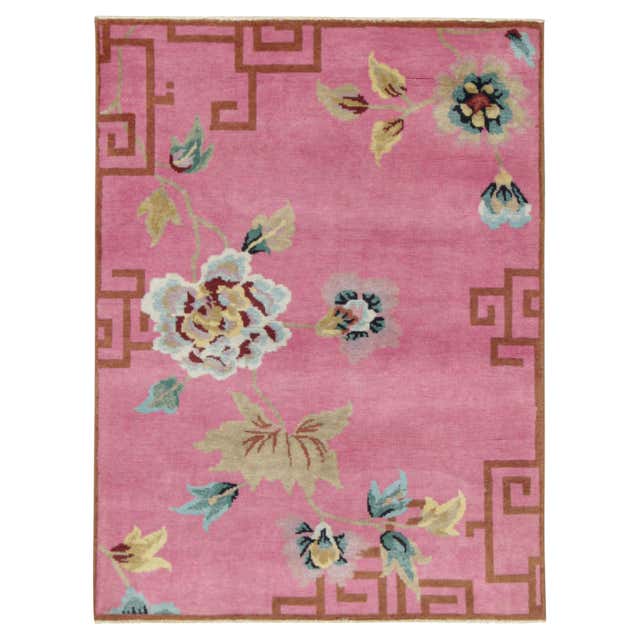 Rug and Kilim’s Chinese Art Deco style Runner Rug in Pink with Floral ...