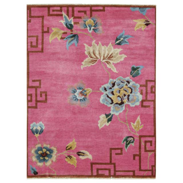 Rug and Kilim’s Chinese Art Deco style Runner Rug in Pink with Floral ...