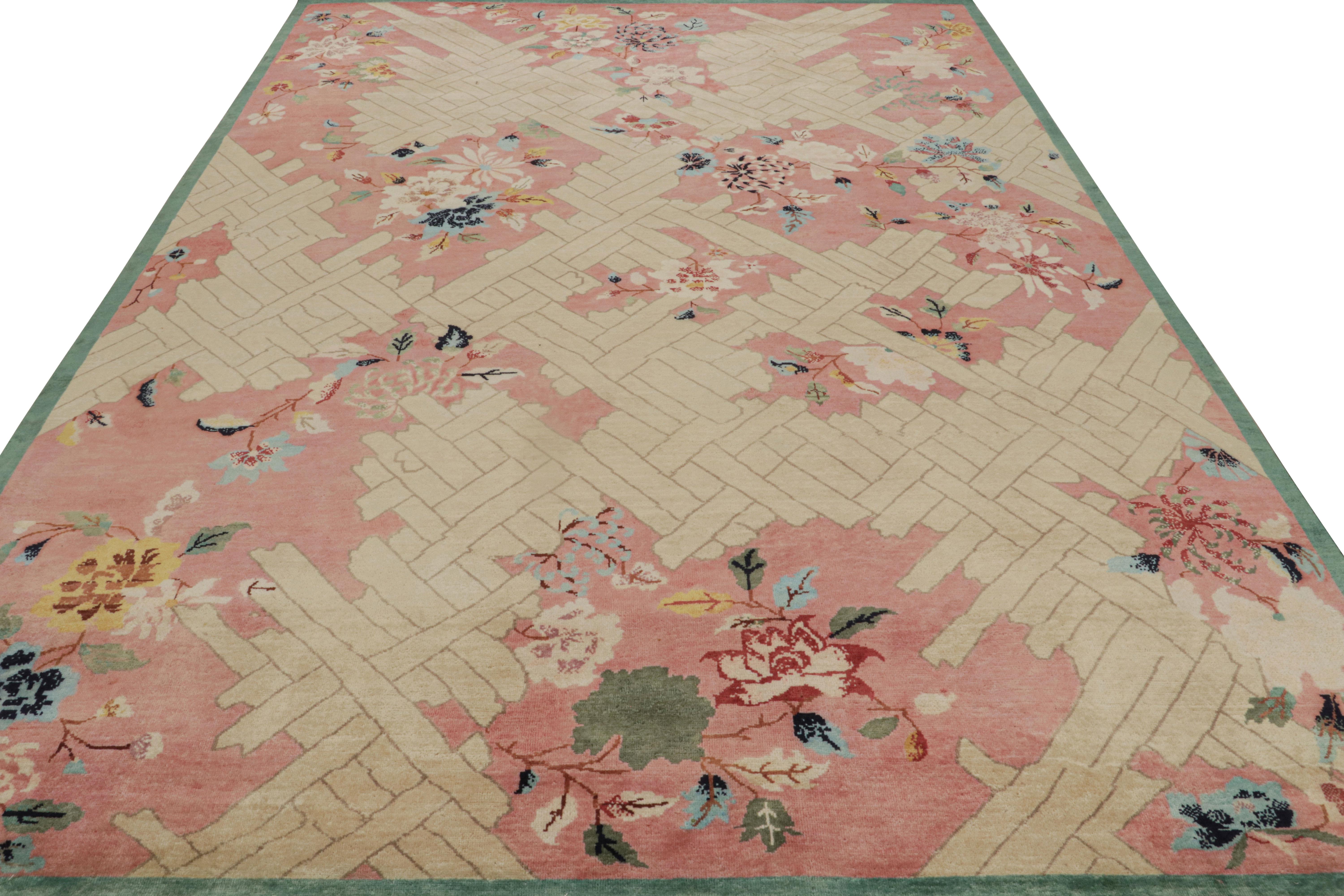 Indian Rug & Kilim’s Chinese Art Deco style rug in Pink, with Geometric Patterns For Sale