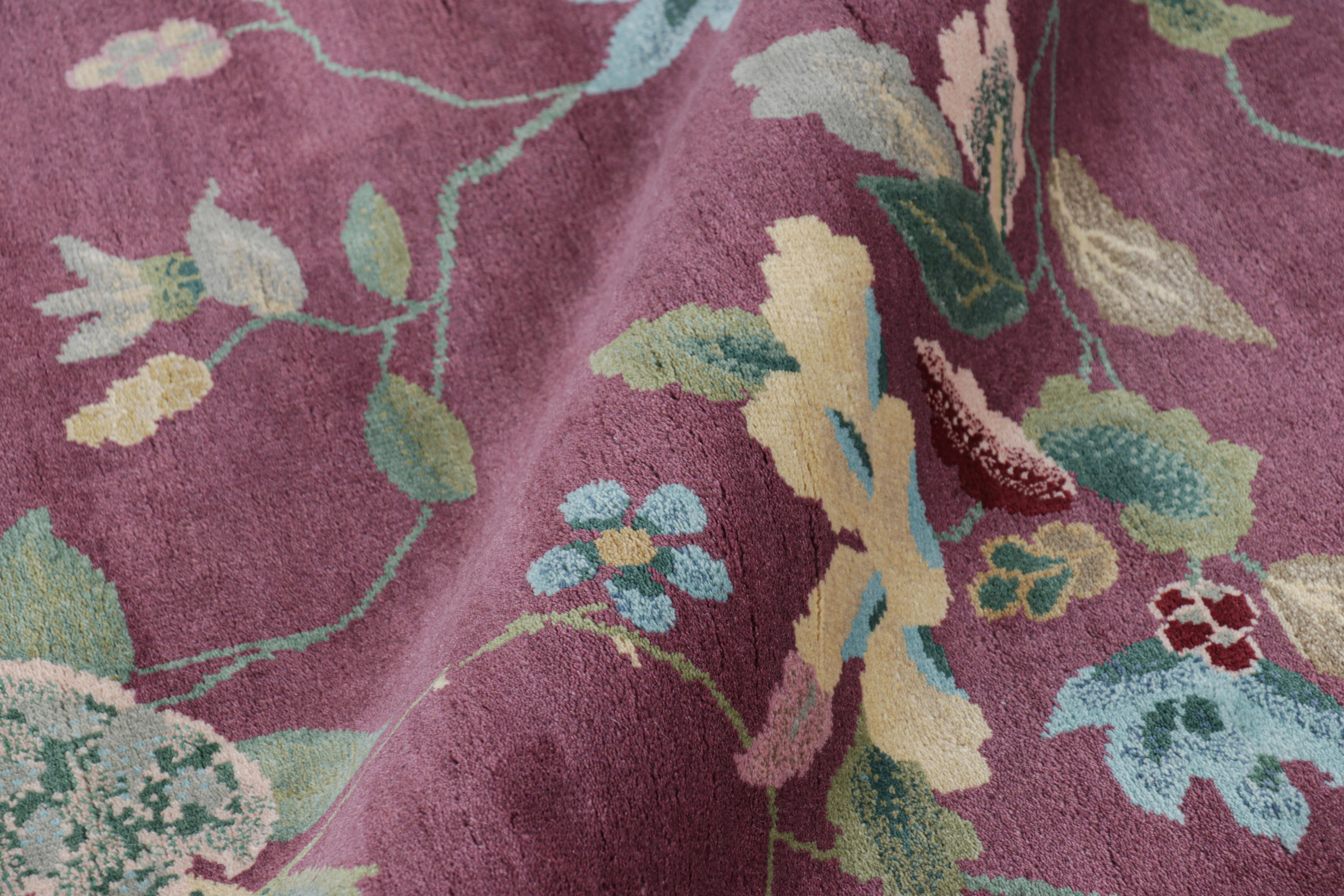 Indian Rug & Kilim’s Chinese Art Deco Style Rug in Purple with Colorful Floral Patterns For Sale
