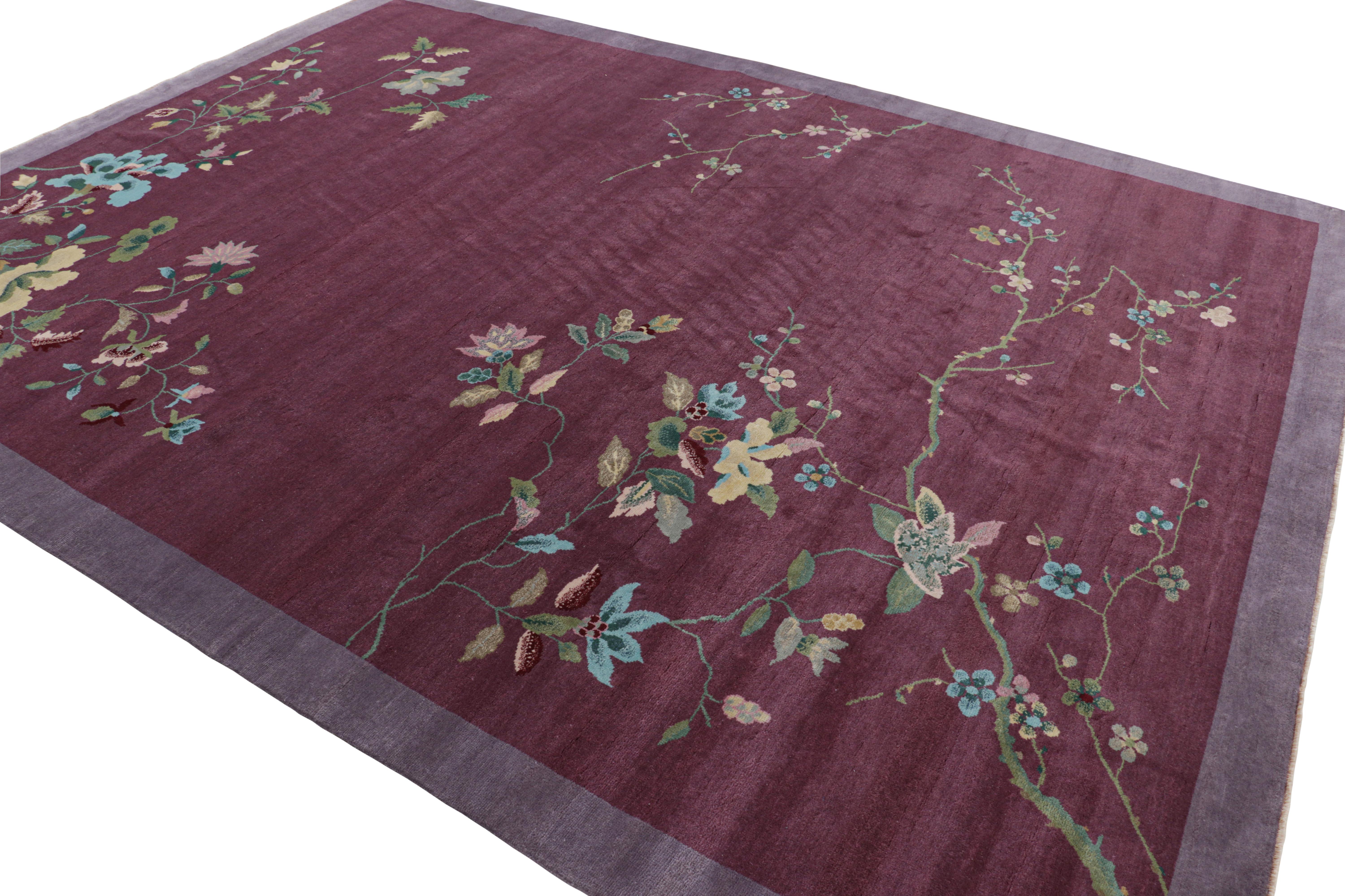 Hand-Knotted Rug & Kilim’s Chinese Art Deco Style Rug in Purple with Colorful Floral Patterns For Sale