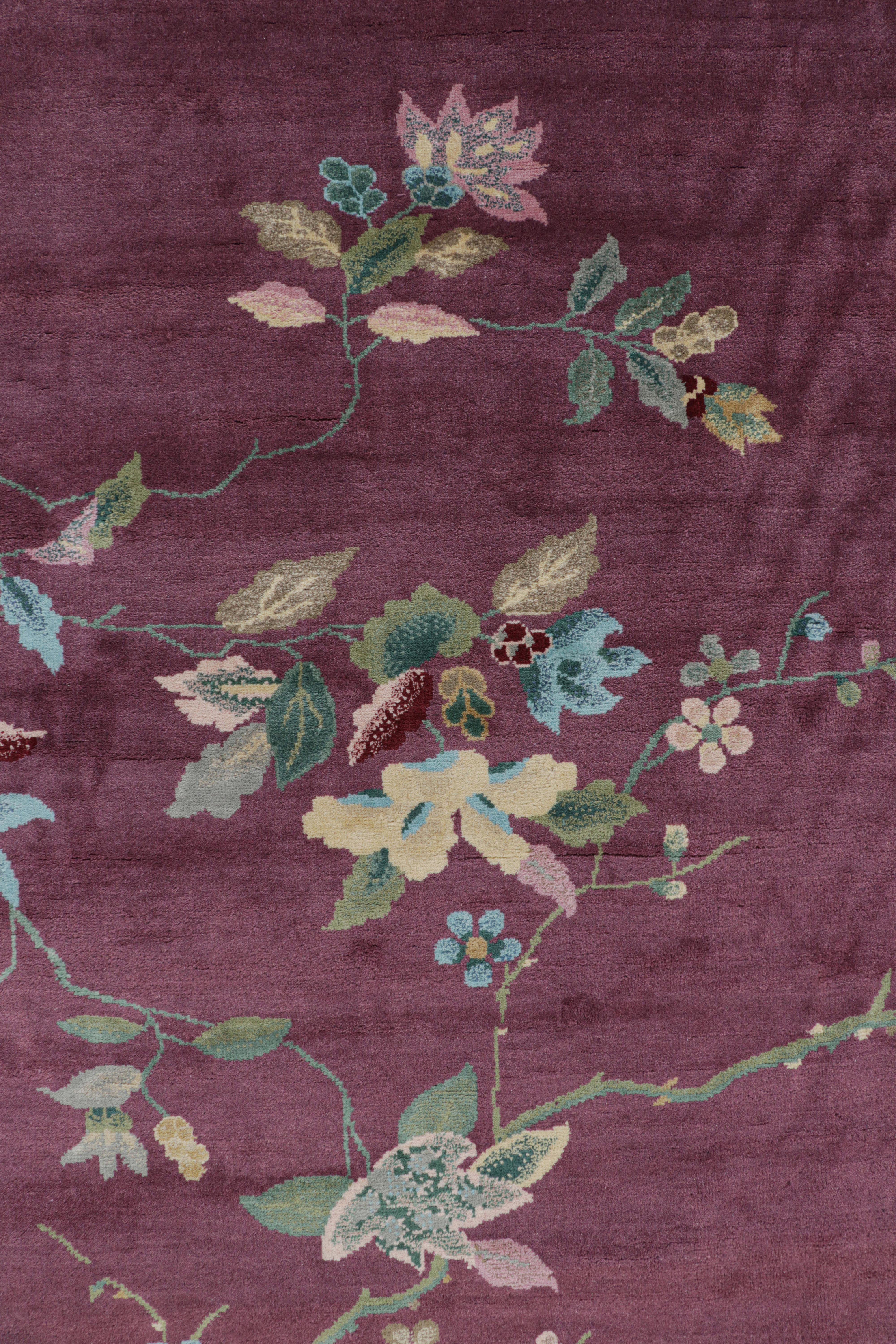Contemporary Rug & Kilim’s Chinese Art Deco Style Rug in Purple with Colorful Floral Patterns For Sale
