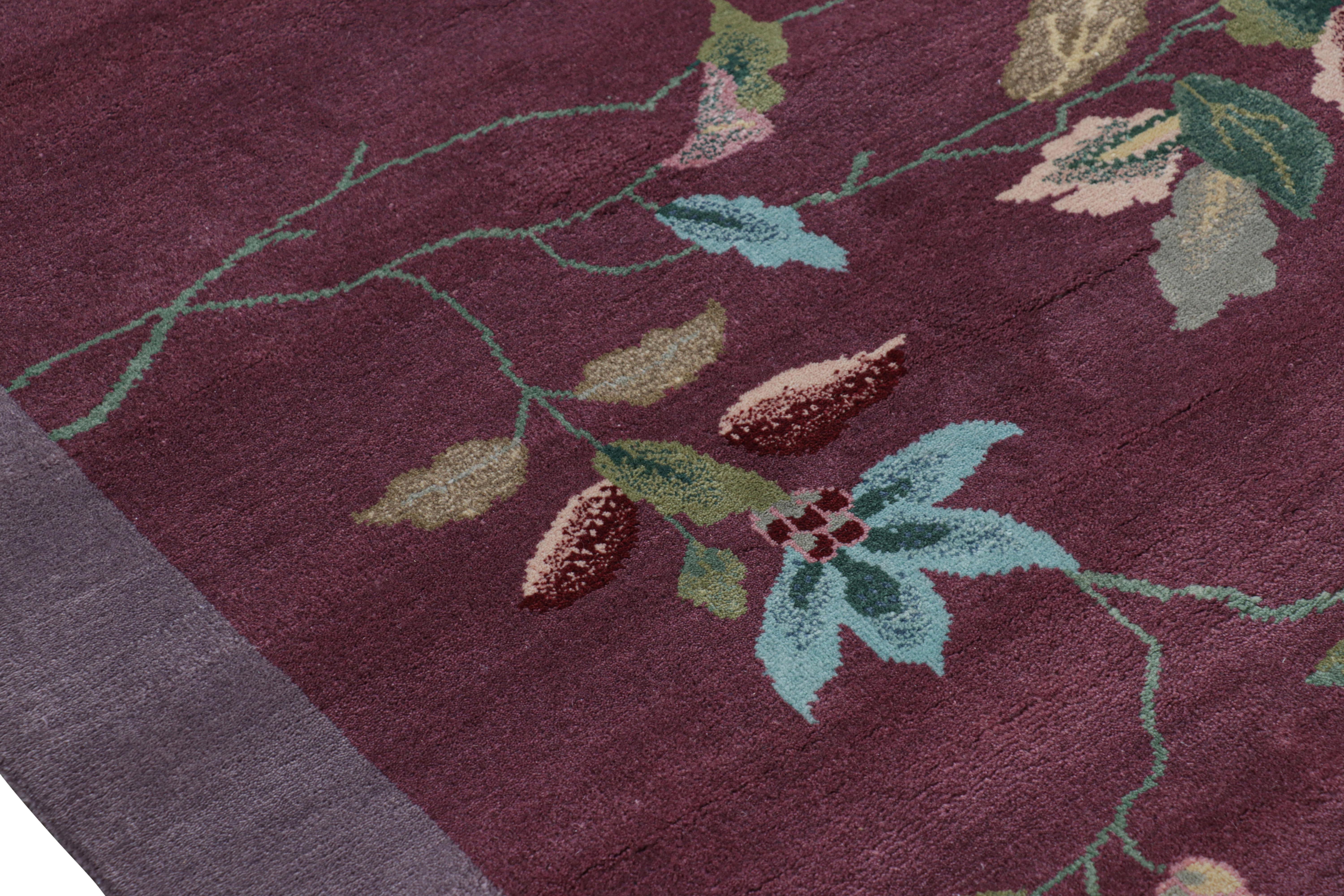 Wool Rug & Kilim’s Chinese Art Deco Style Rug in Purple with Colorful Floral Patterns For Sale