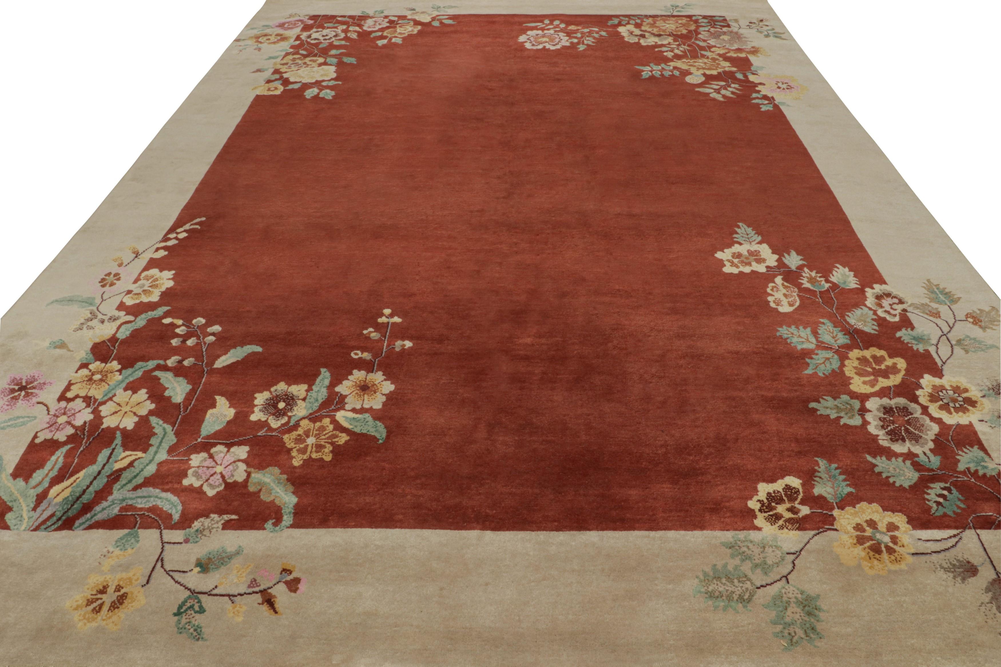 Indian Rug & Kilim’s Chinese Art Deco Style rug in Red & Cream with Floral Pattern For Sale