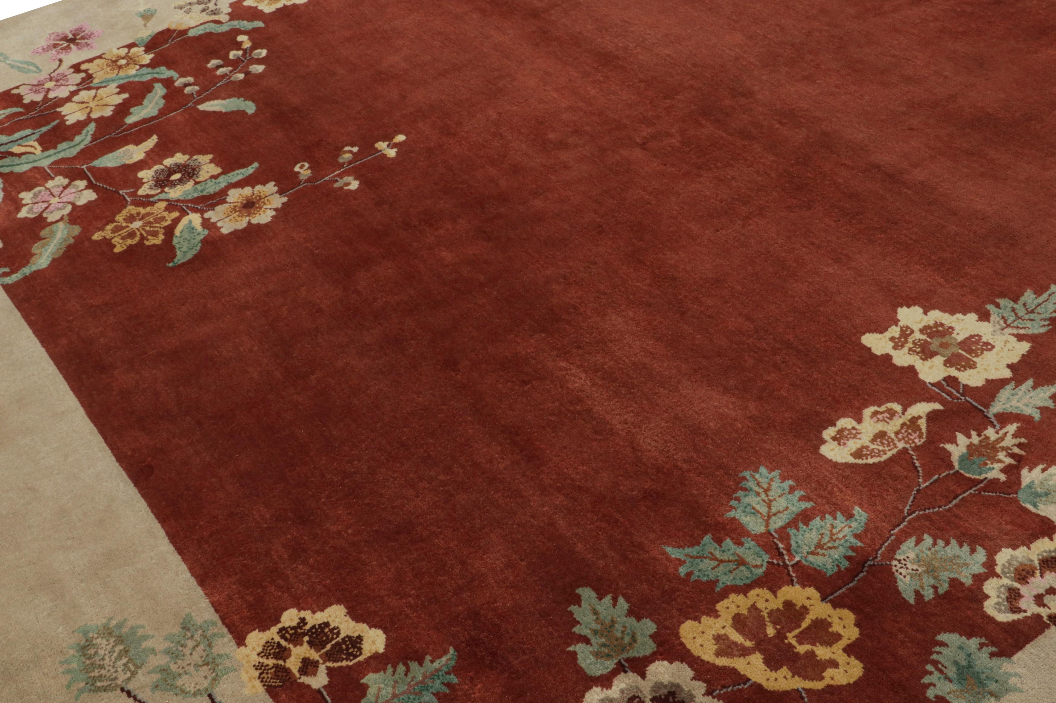 Hand-Knotted Rug & Kilim’s Chinese Art Deco Style rug in Red & Cream with Floral Pattern For Sale