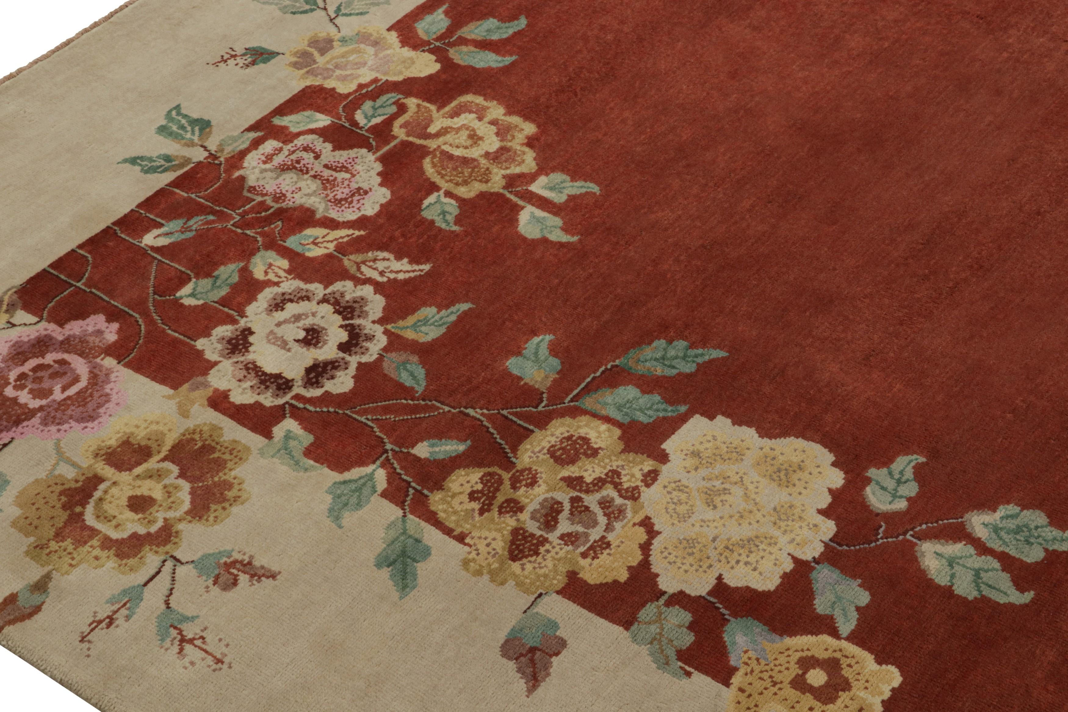 Rug & Kilim's Chinesischer Art Deco Stil Teppich in Rot & Creme mit Blumenmuster (Handgeknüpft) im Angebot