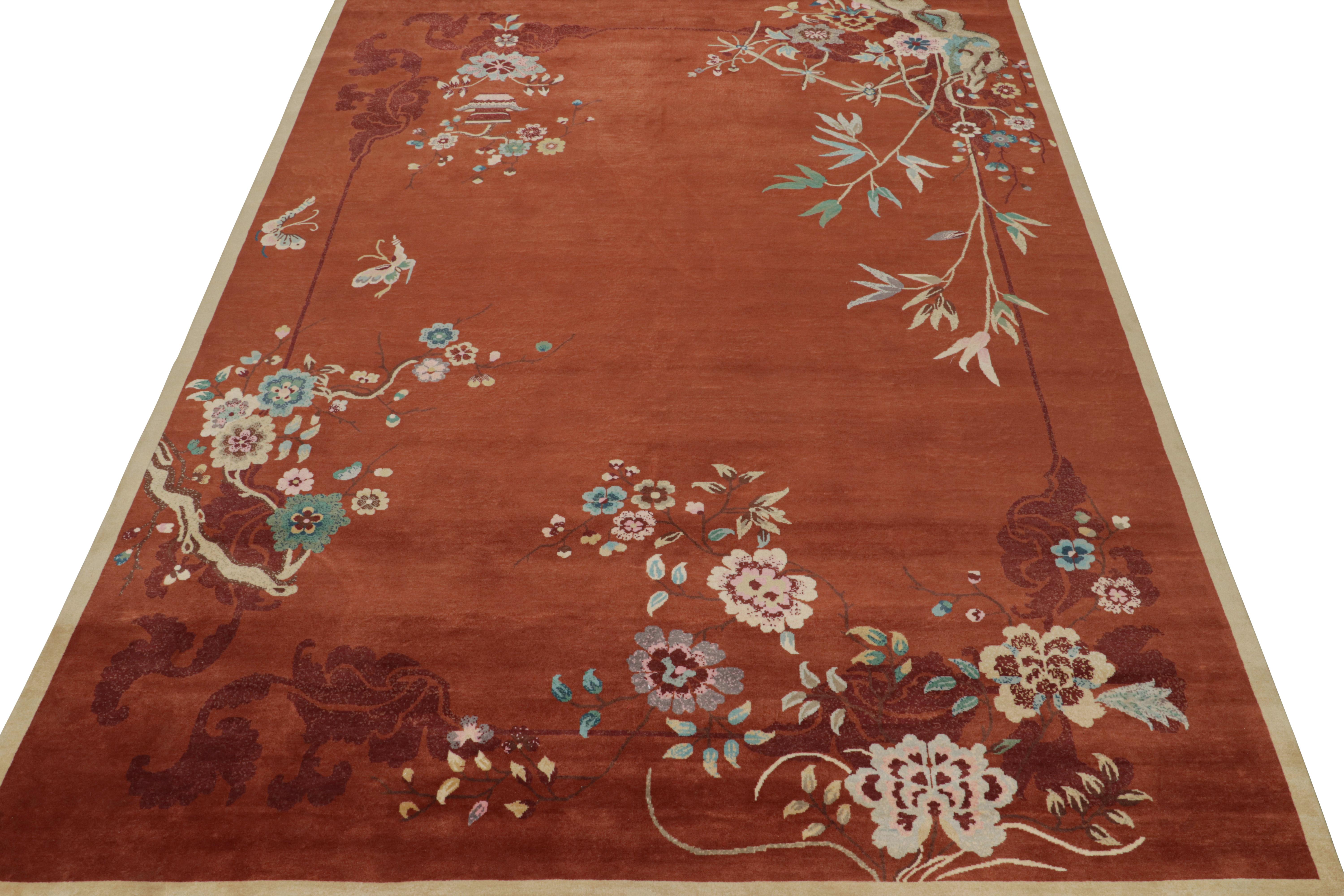 Indian Rug & Kilim’s Chinese Art Deco Style Rug in Rust with Floral Patterns For Sale