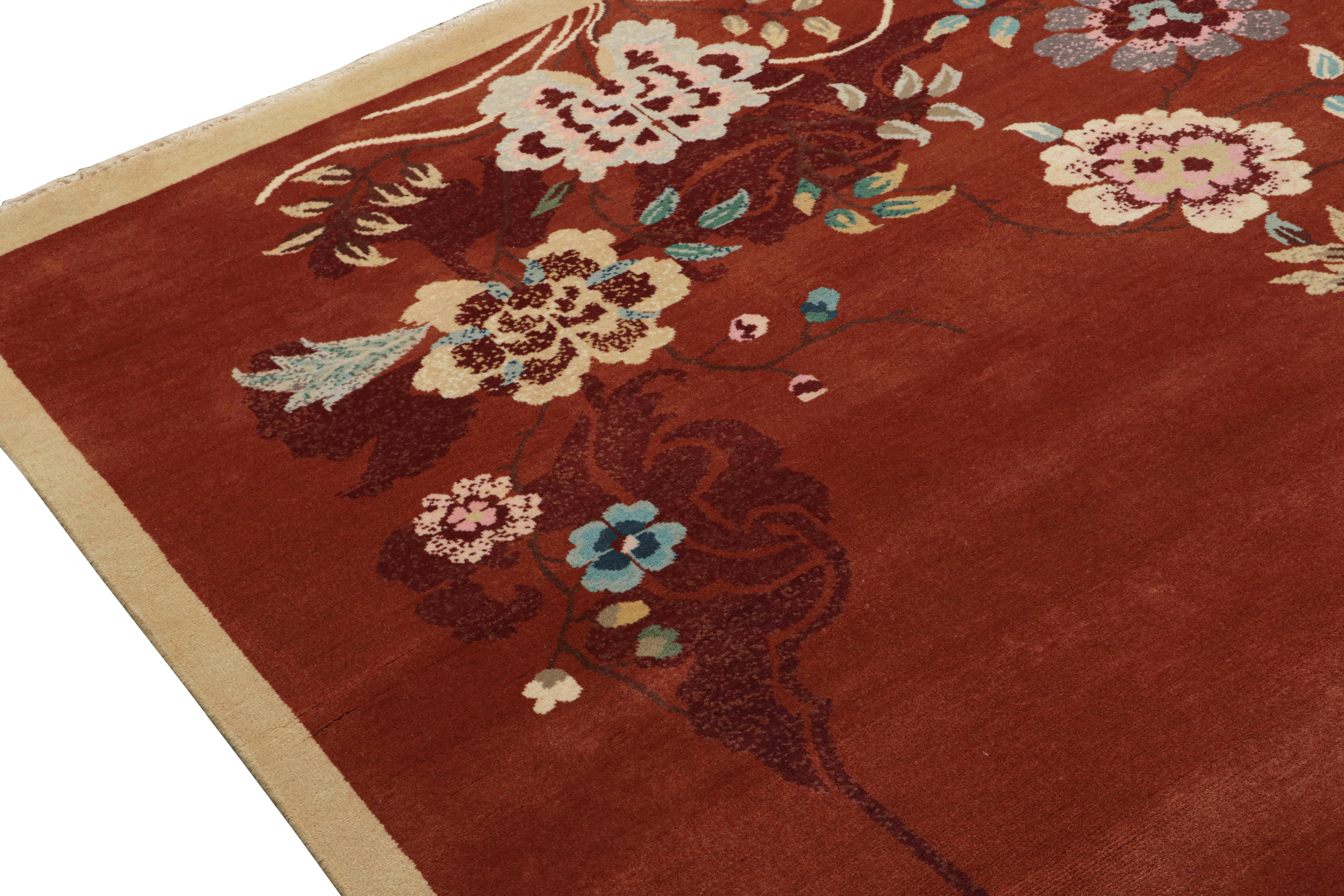 Contemporary Rug & Kilim’s Chinese Art Deco Style Rug in Rust with Floral Patterns For Sale