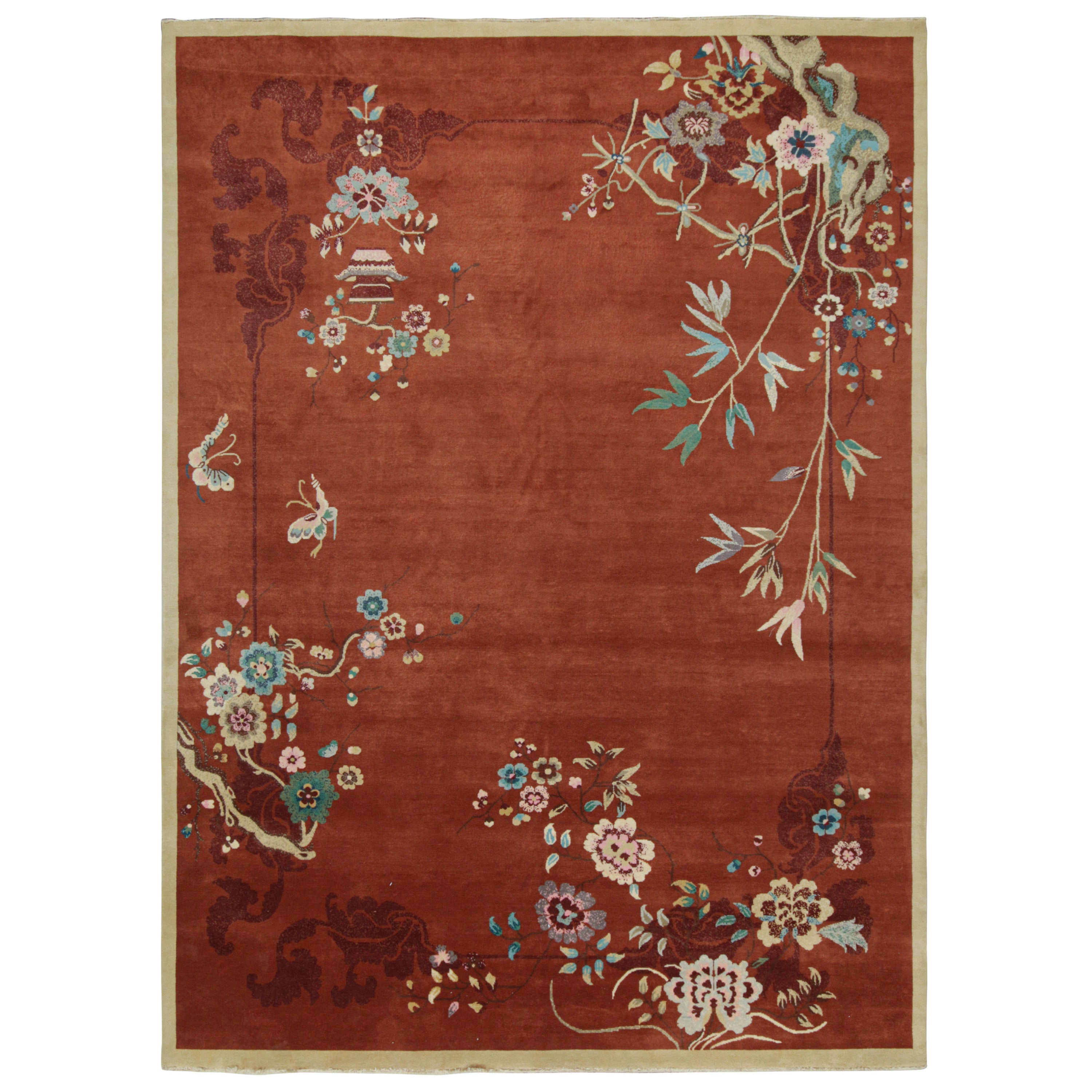 Rug & Kilim’s Chinese Art Deco Style Rug in Rust with Floral Patterns For Sale