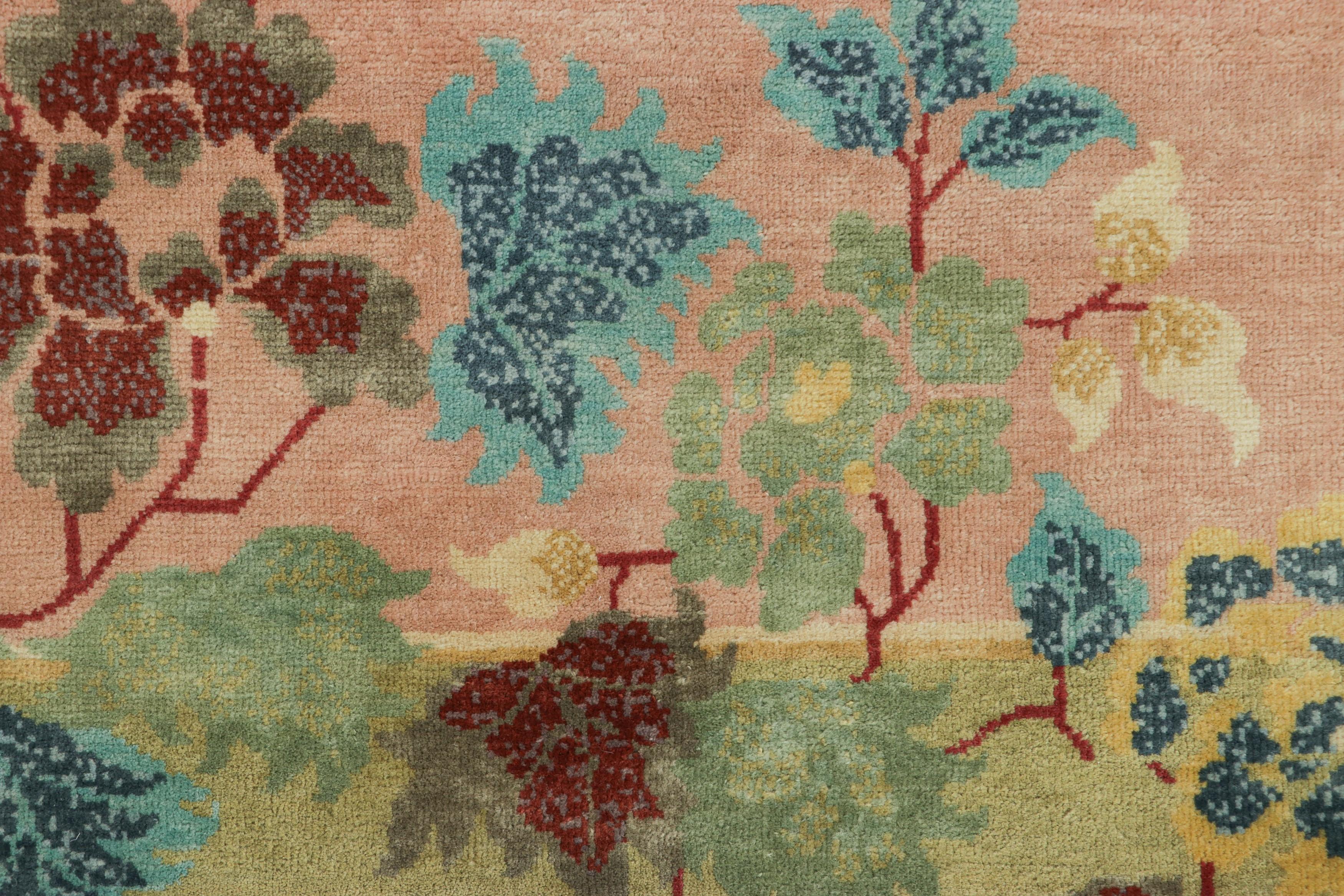 Indian Rug & Kilim’s Chinese Art Deco Style Rug, Pink and Green with Floral Patterns For Sale