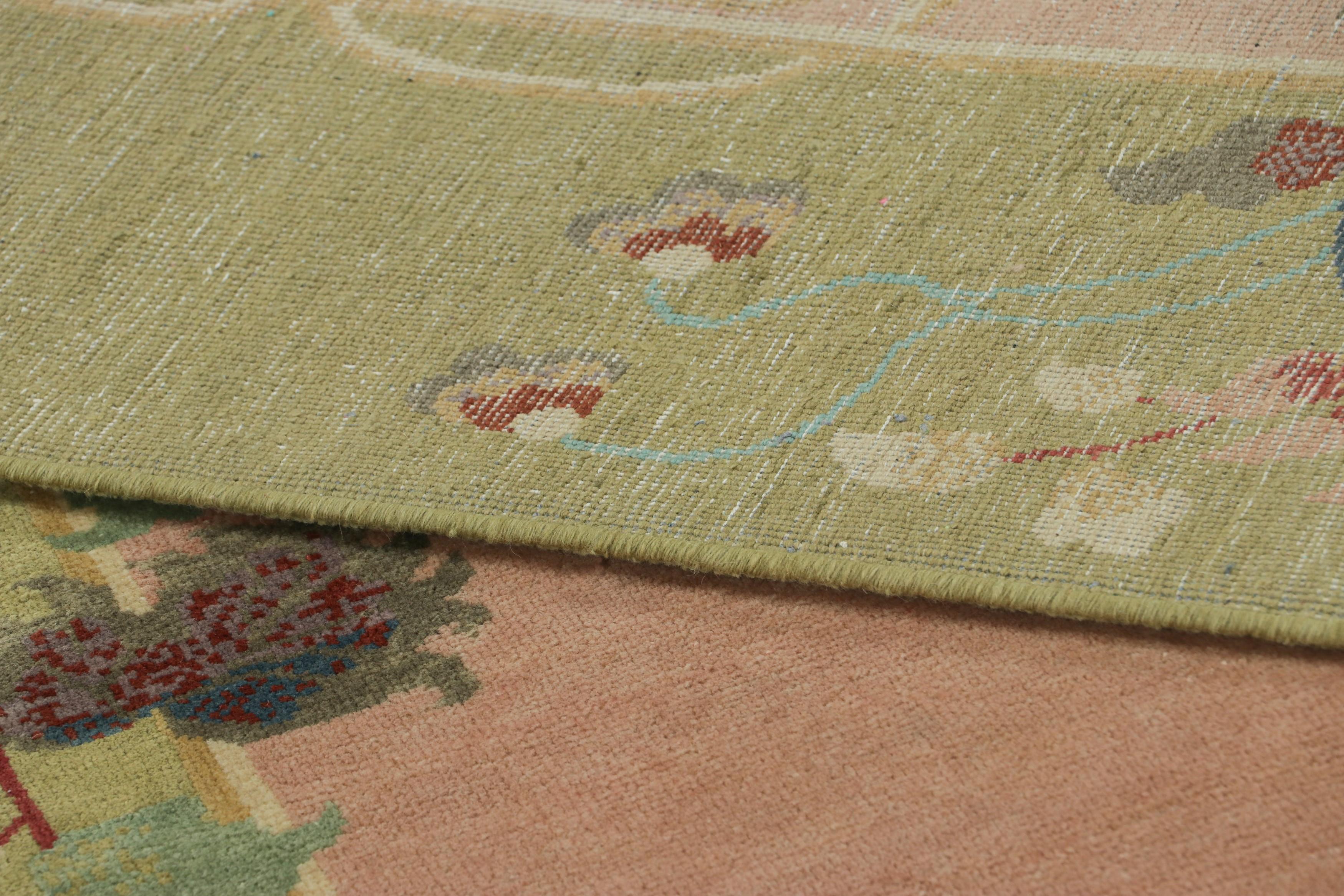 Contemporary Rug & Kilim’s Chinese Art Deco Style Rug, Pink and Green with Floral Patterns For Sale