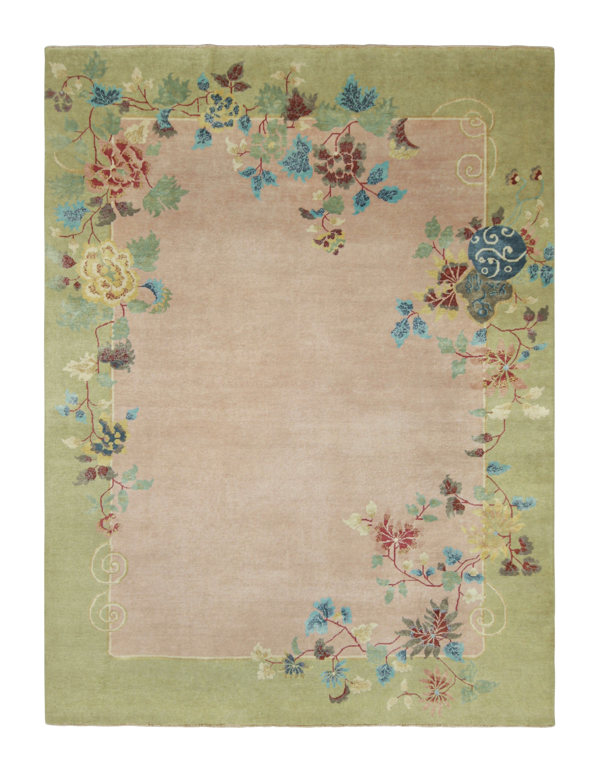 Rug & Kilim’s Chinese Art Deco Style Rug, Pink and Green with Floral Patterns For Sale
