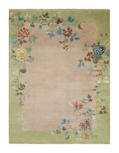 Rug & Kilim’s Chinese Art Deco Style Rug, Pink and Green with Floral Patterns