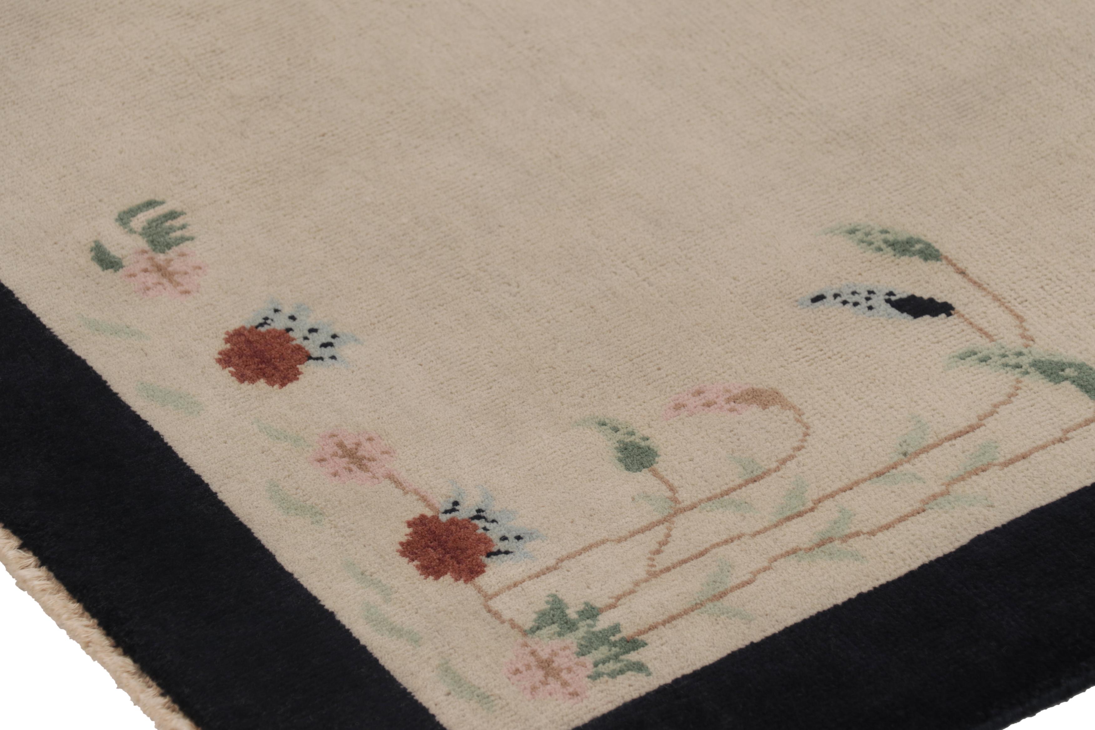 Hand-Knotted Rug & Kilim’s Chinese Art Deco Style Rug, White Open Field with Floral Pattern For Sale