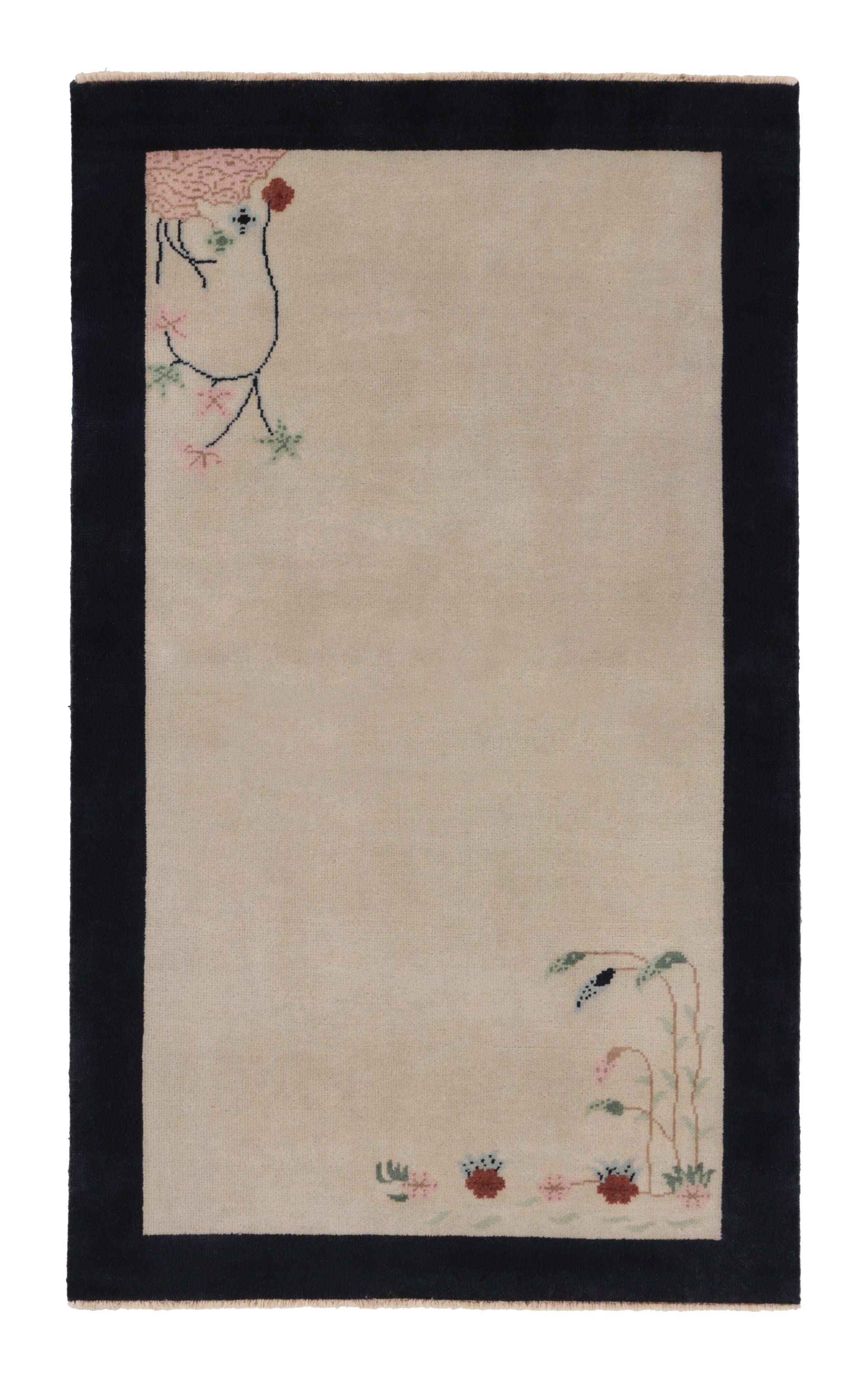 Rug & Kilim’s Chinese Art Deco Style Rug, White Open Field with Floral Pattern For Sale