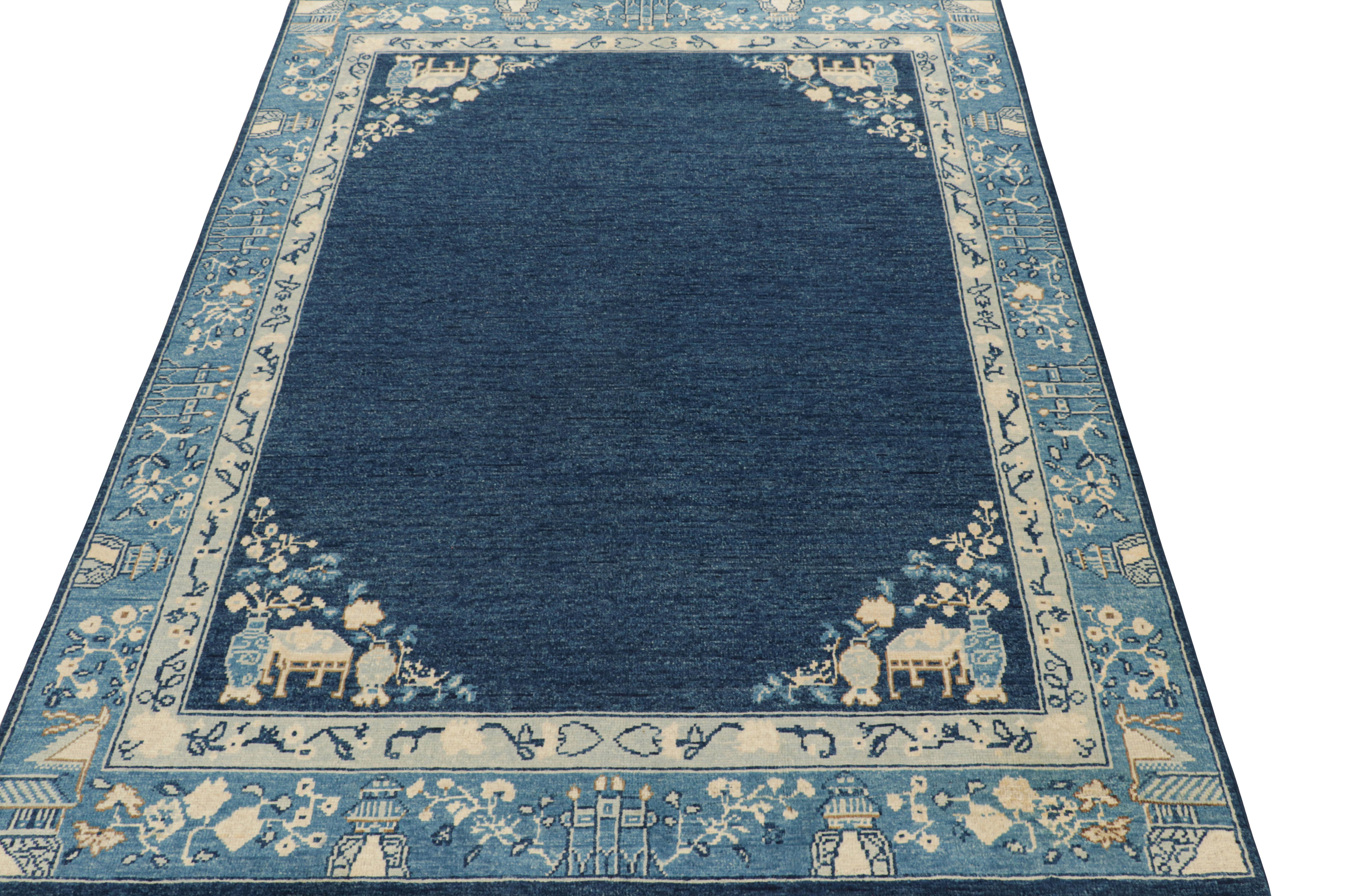 Rug & Kilim’s Chinese Art Deco Style Rug with Blue Open Field In New Condition For Sale In Long Island City, NY