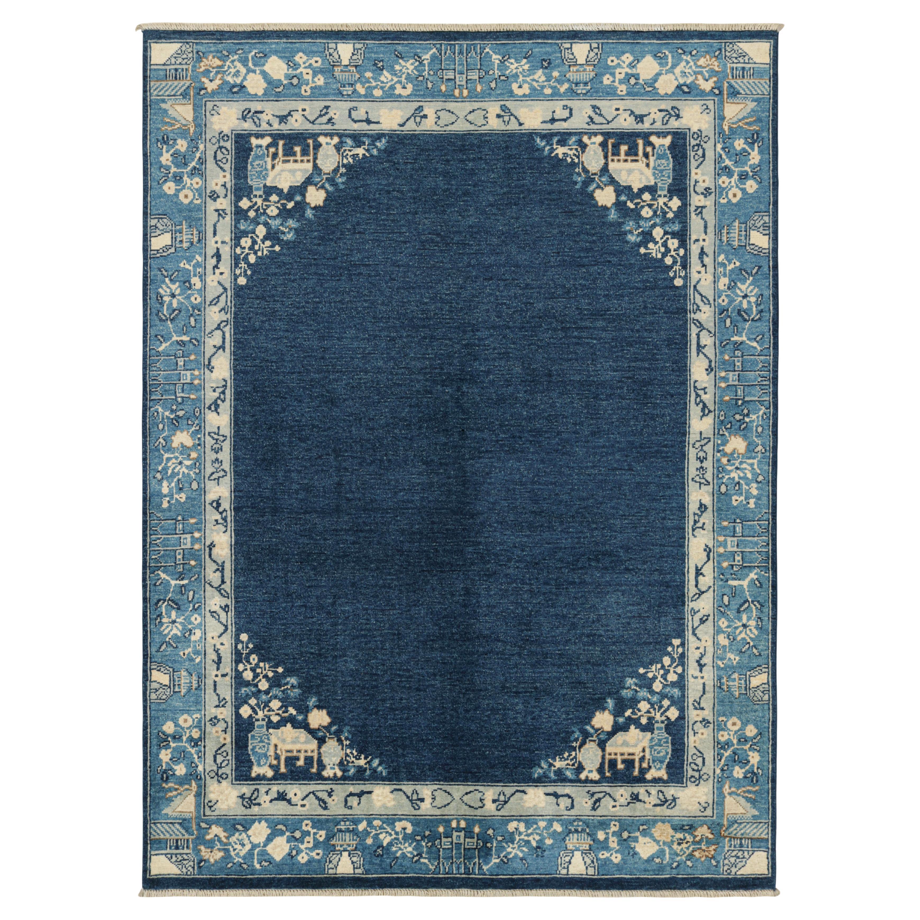 Rug & Kilim’s Chinese Art Deco Style Rug with Blue Open Field For Sale