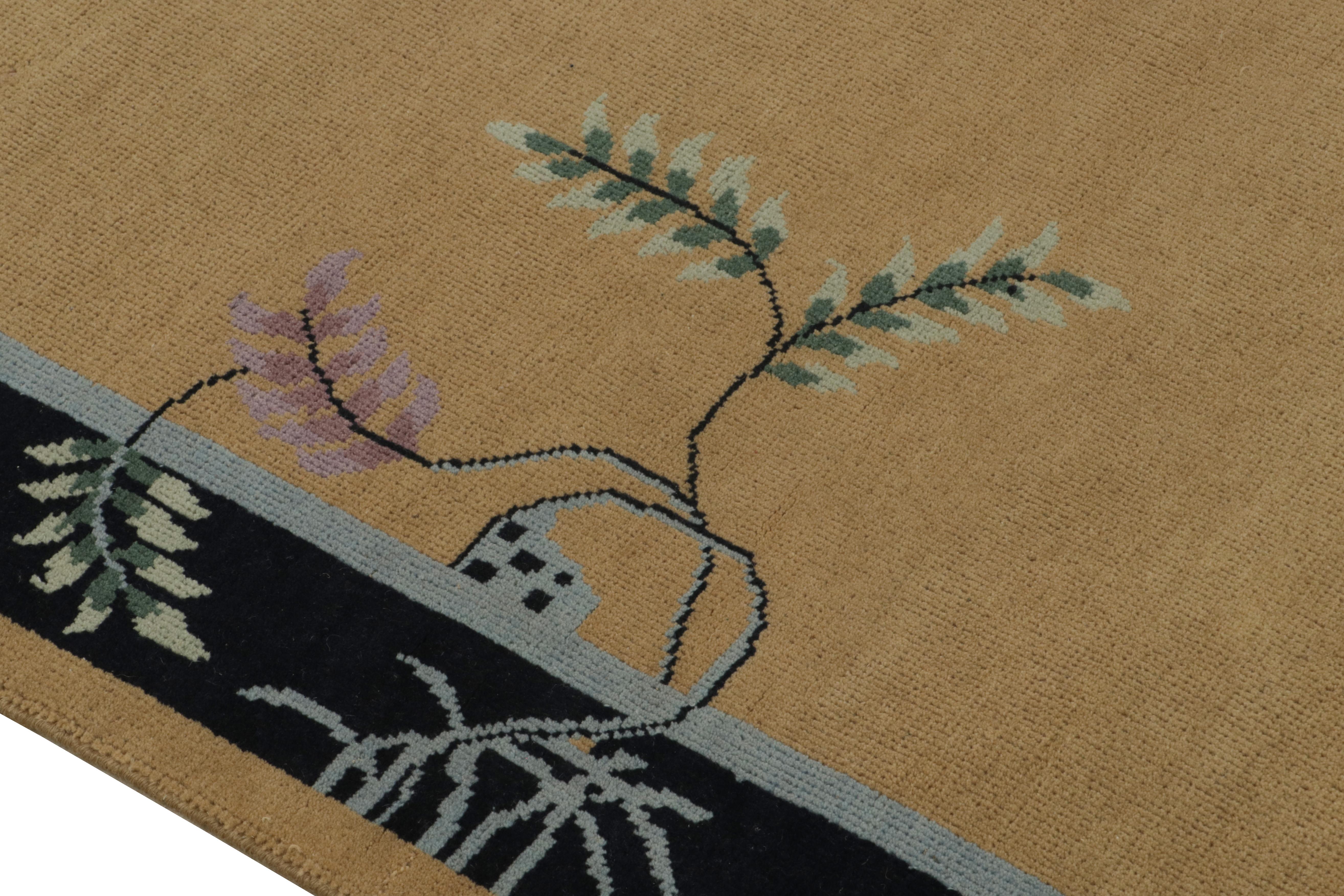 Art déco Rug & Kilim's Chinese Art Deco Style Rug with Camel Field and Blue Border (Tapis chinois de style art déco avec champ camel et bordure bleue) en vente